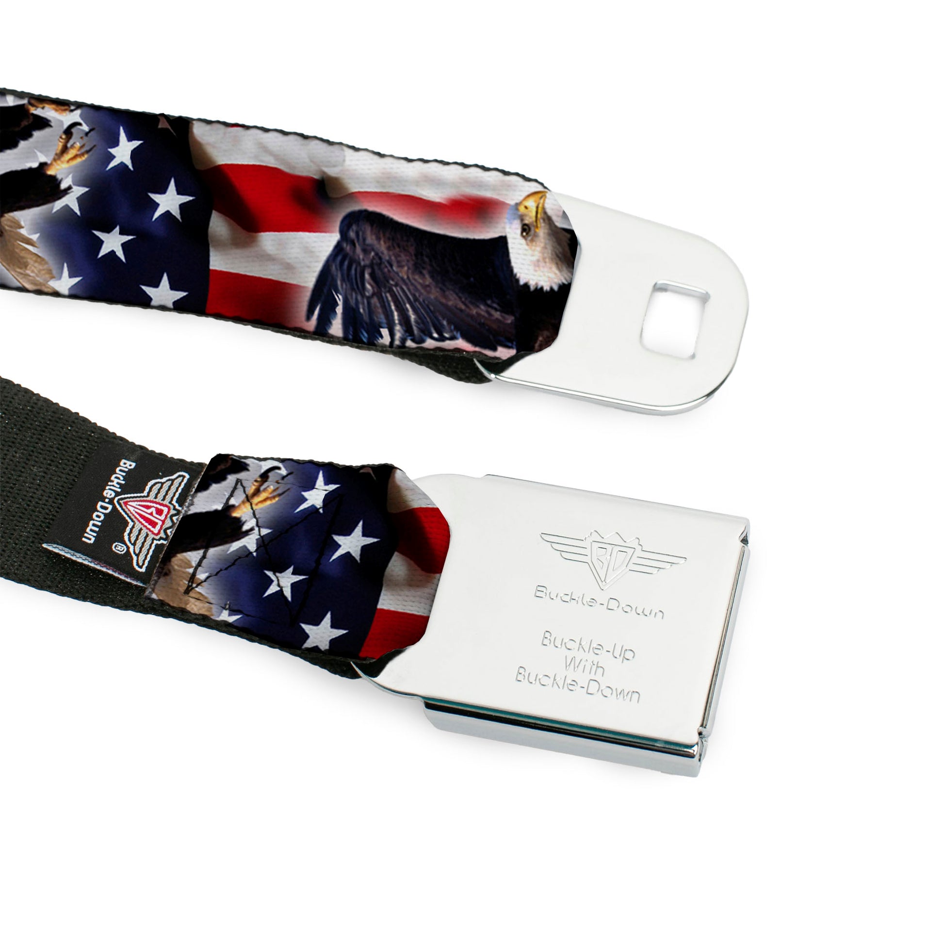BD Wings Logo CLOSE-UP Full Color Black Silver Seatbelt Belt - Flying Eagle/American Flag Webbing Seatbelt Belts Buckle-Down