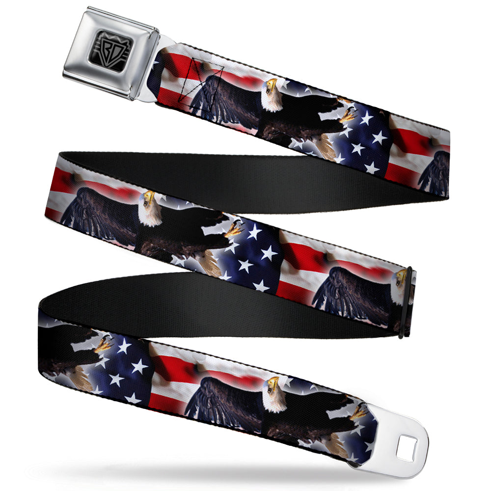 BD Wings Logo CLOSE-UP Full Color Black Silver Seatbelt Belt - Flying Eagle/American Flag Webbing Seatbelt Belts Buckle-Down