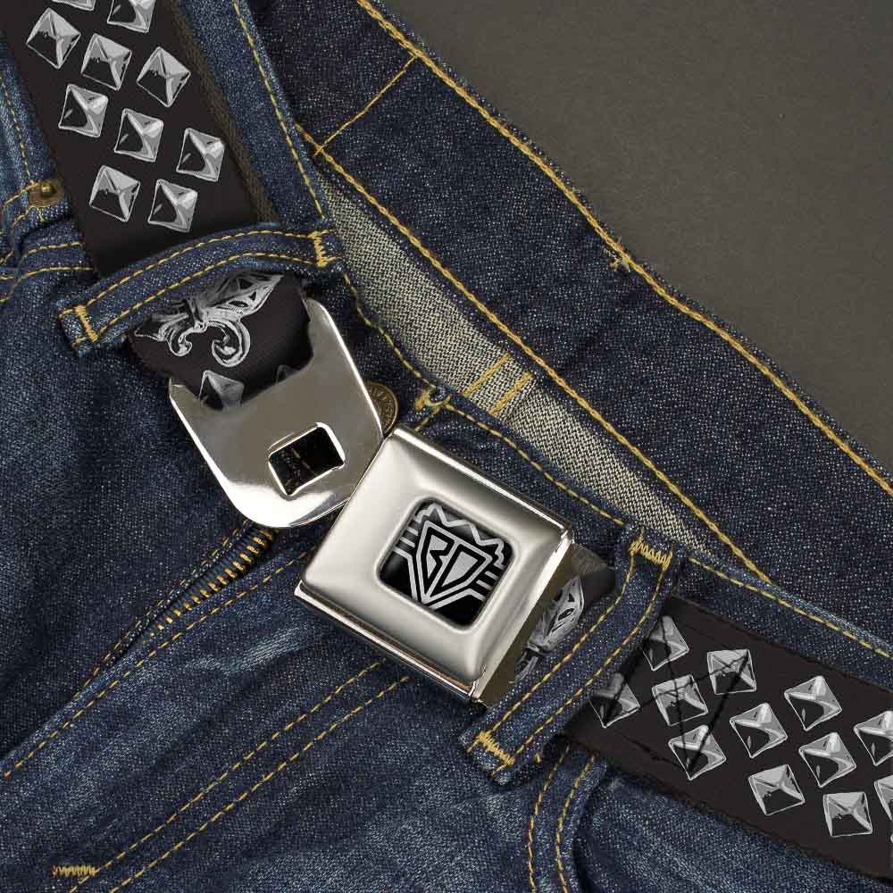 BD Wings Logo CLOSE-UP Full Color Black Silver Seatbelt Belt - Fleur-de-Lis/Studs Black/Grays Webbing Seatbelt Belts Buckle-Down