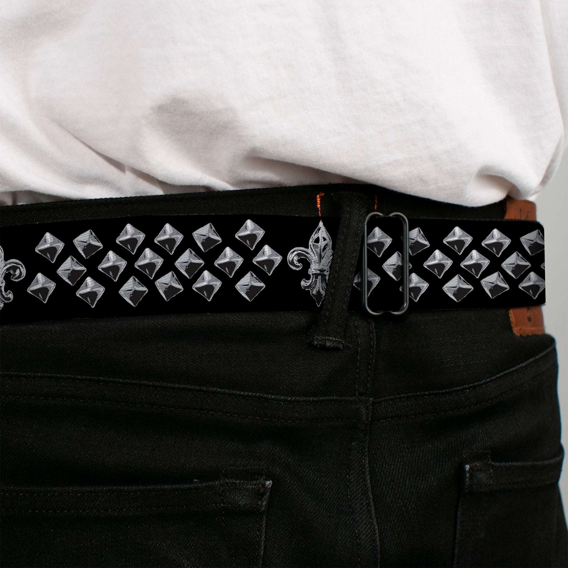 BD Wings Logo CLOSE-UP Full Color Black Silver Seatbelt Belt - Fleur-de-Lis/Studs Black/Grays Webbing Seatbelt Belts Buckle-Down