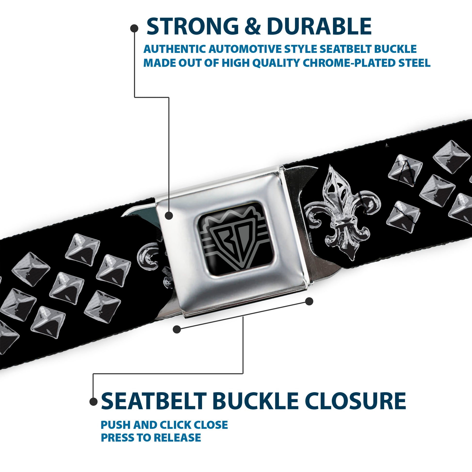 BD Wings Logo CLOSE-UP Full Color Black Silver Seatbelt Belt - Fleur-de-Lis/Studs Black/Grays Webbing Seatbelt Belts Buckle-Down