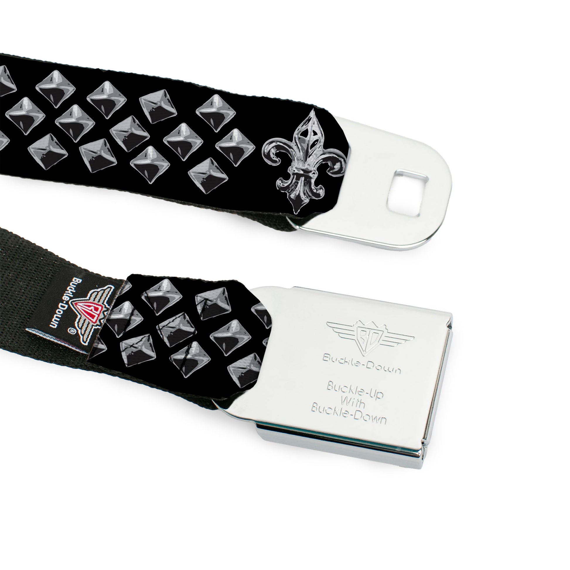 BD Wings Logo CLOSE-UP Full Color Black Silver Seatbelt Belt - Fleur-de-Lis/Studs Black/Grays Webbing Seatbelt Belts Buckle-Down