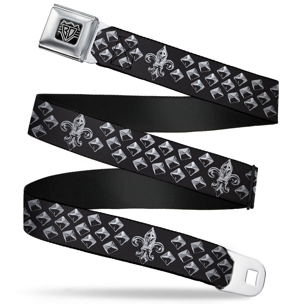BD Wings Logo CLOSE-UP Full Color Black Silver Seatbelt Belt - Fleur-de-Lis/Studs Black/Grays Webbing Seatbelt Belts Buckle-Down