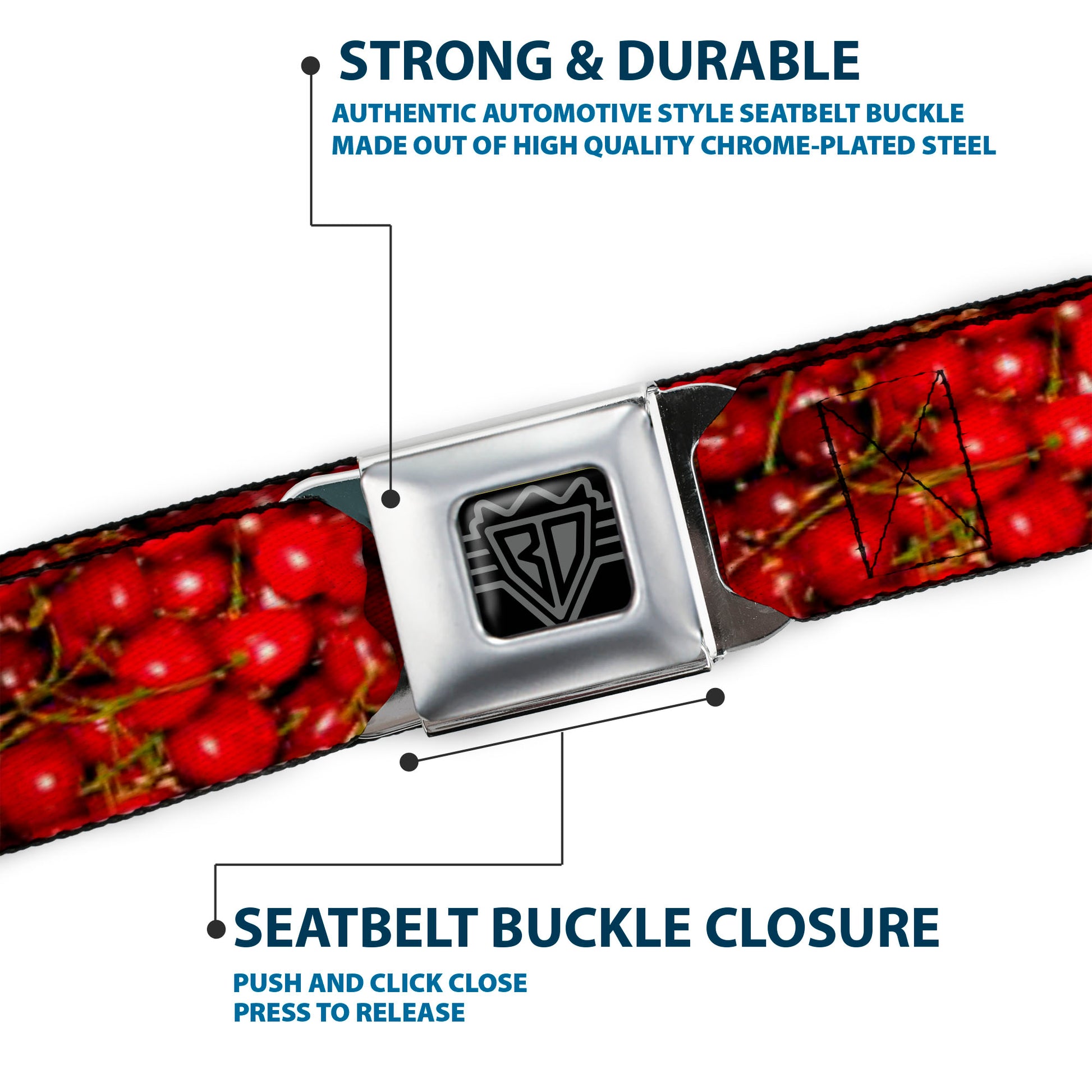 BD Wings Logo CLOSE-UP Full Color Black Silver Seatbelt Belt - Fresh Cherries Stacked Webbing Seatbelt Belts Buckle-Down