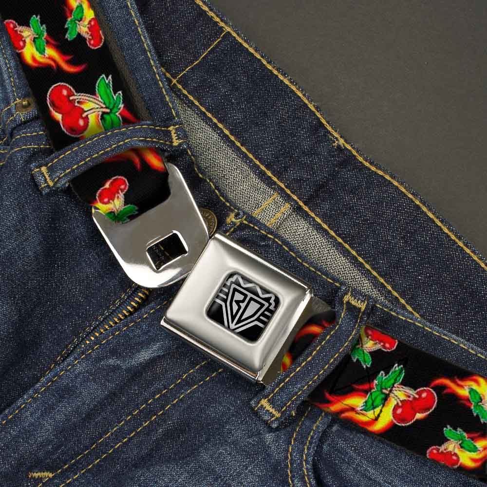 BD Wings Logo CLOSE-UP Full Color Black Silver Seatbelt Belt - Flaming Cherries Scattered Black Webbing Seatbelt Belts Buckle-Down
