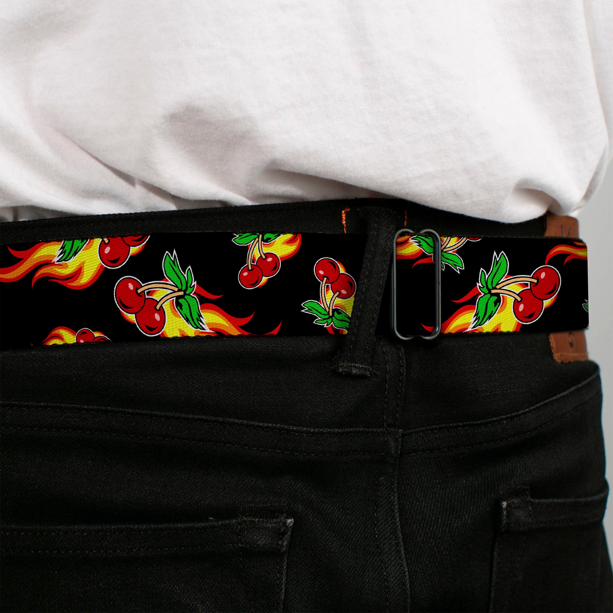 BD Wings Logo CLOSE-UP Full Color Black Silver Seatbelt Belt - Flaming Cherries Scattered Black Webbing Seatbelt Belts Buckle-Down