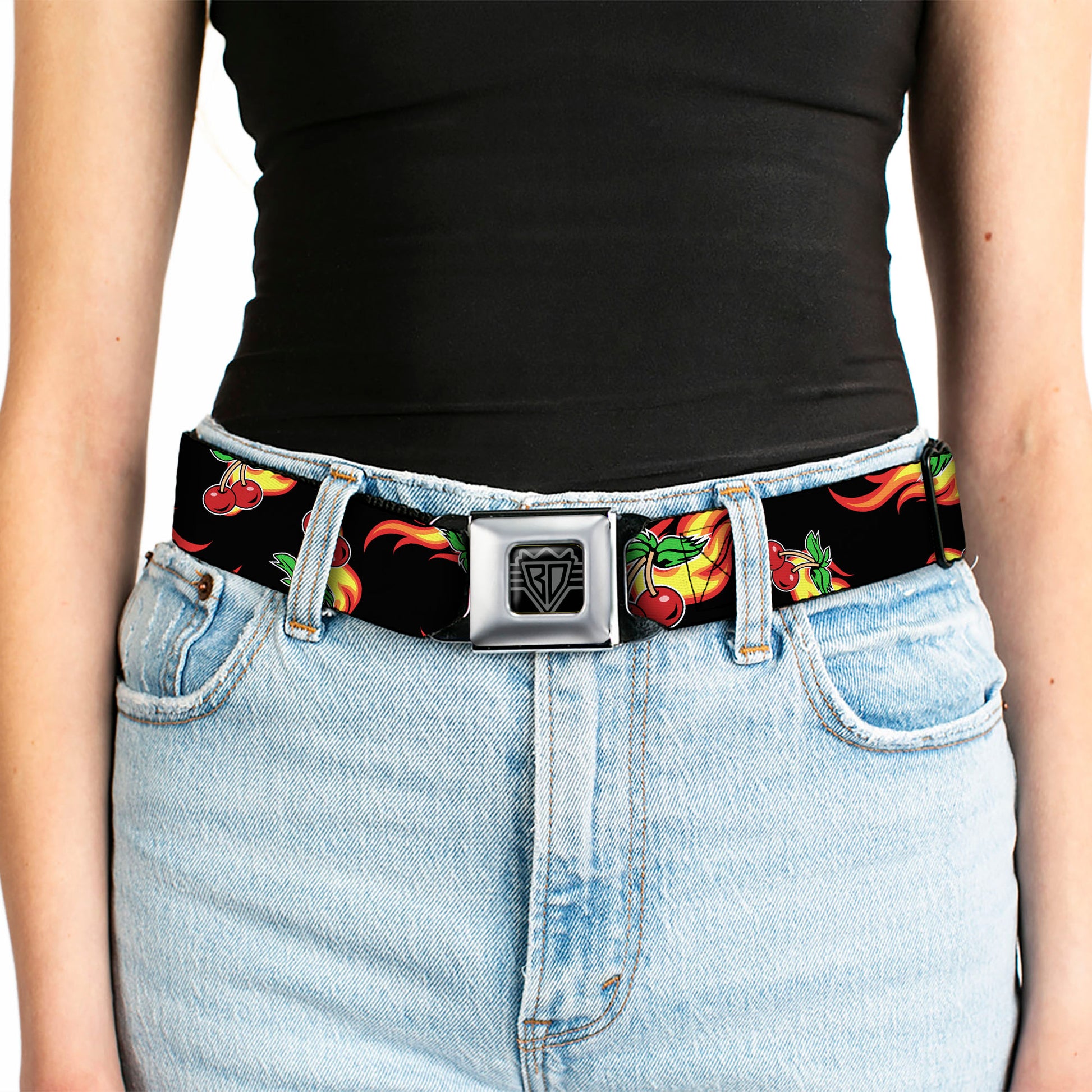 BD Wings Logo CLOSE-UP Full Color Black Silver Seatbelt Belt - Flaming Cherries Scattered Black Webbing Seatbelt Belts Buckle-Down