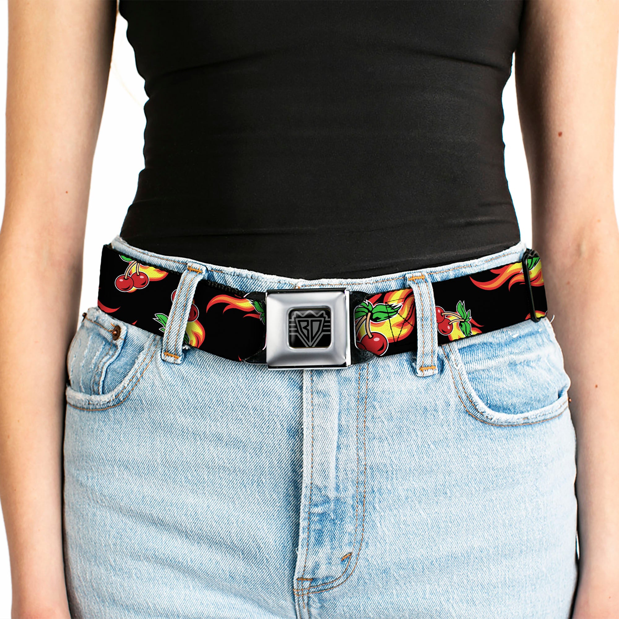 BD Wings Logo CLOSE-UP Full Color Black Silver Seatbelt Belt - Flaming Cherries Scattered Black Webbing Seatbelt Belts Buckle-Down