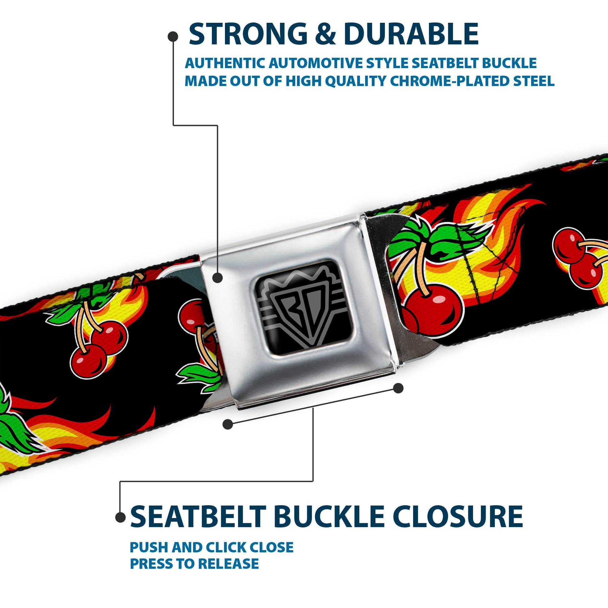 BD Wings Logo CLOSE-UP Full Color Black Silver Seatbelt Belt - Flaming Cherries Scattered Black Webbing Seatbelt Belts Buckle-Down