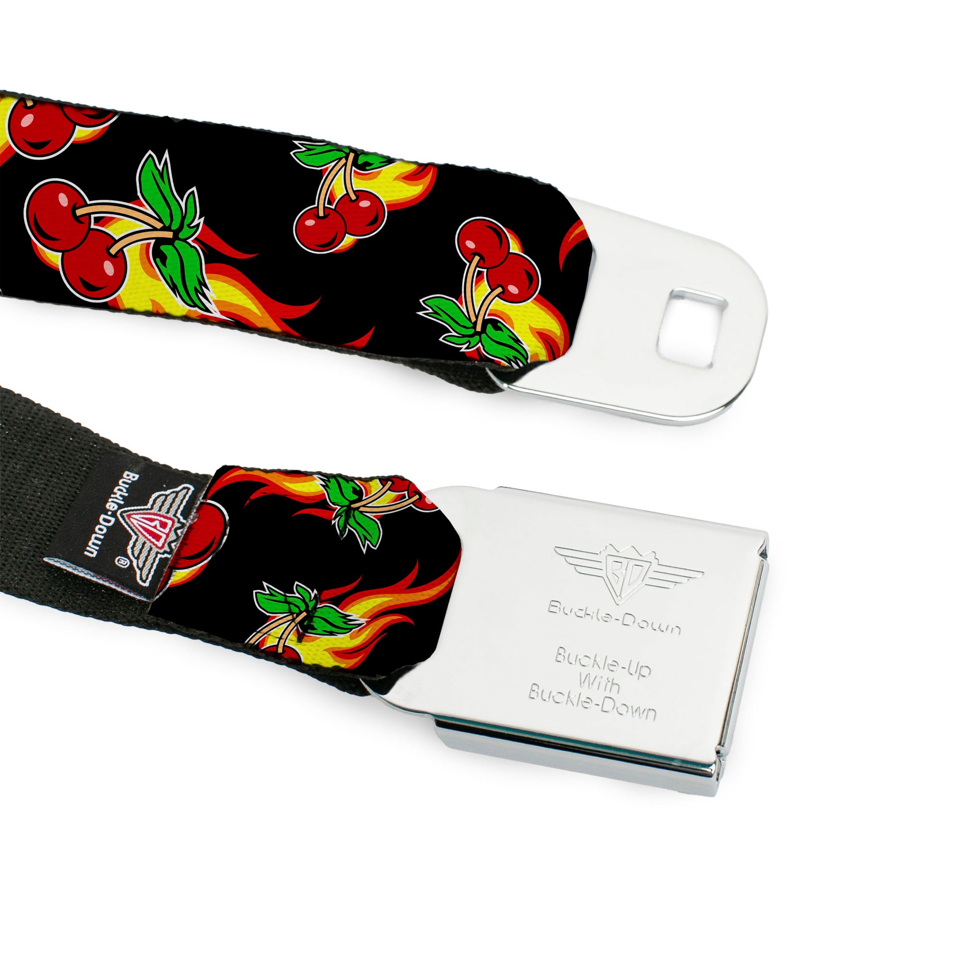BD Wings Logo CLOSE-UP Full Color Black Silver Seatbelt Belt - Flaming Cherries Scattered Black Webbing Seatbelt Belts Buckle-Down