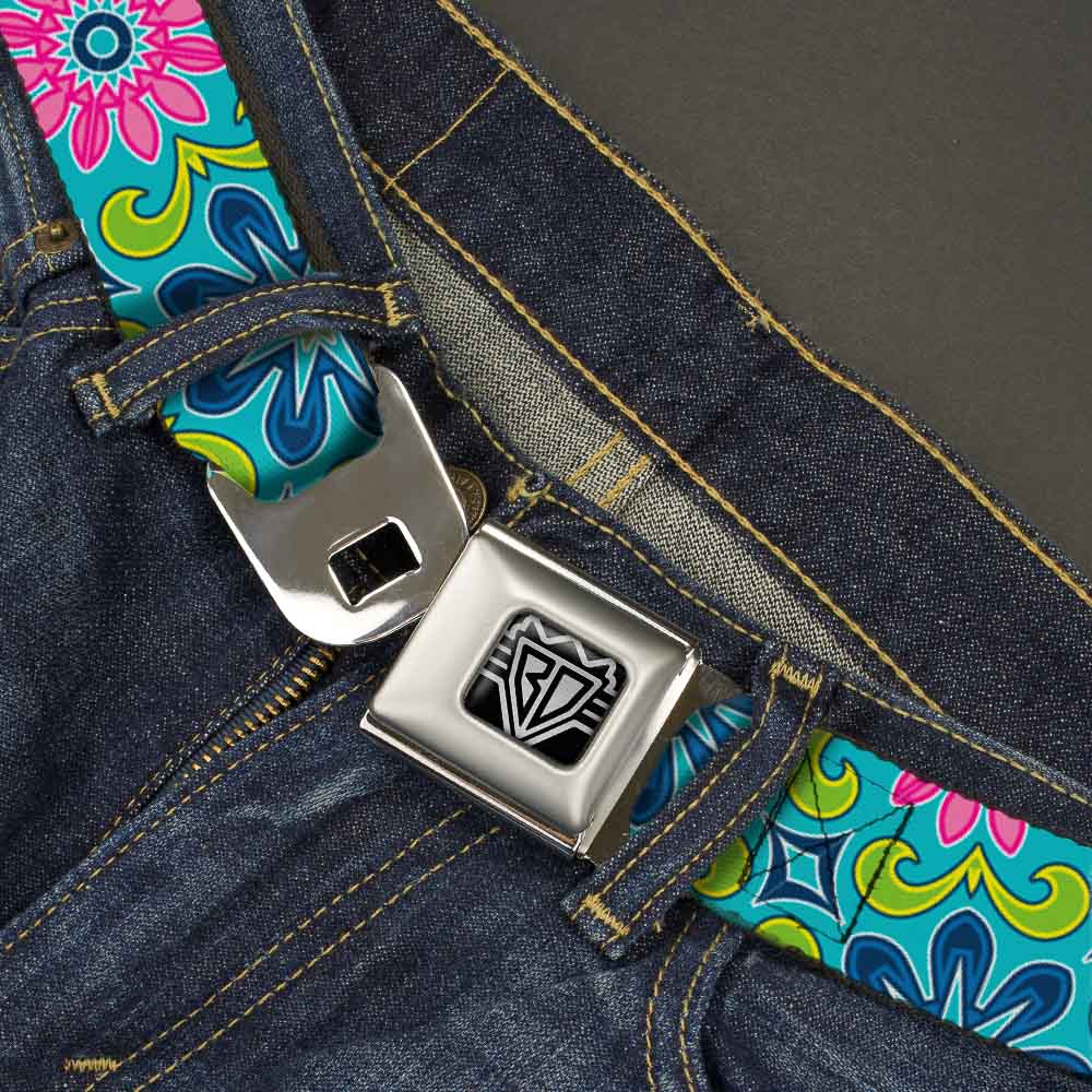 BD Wings Logo CLOSE-UP Full Color Black Silver Seatbelt Belt - Floral Burst Turquoise/Blues/Pinks/Yellow/Green Webbing Seatbelt Belts Buckle-Down