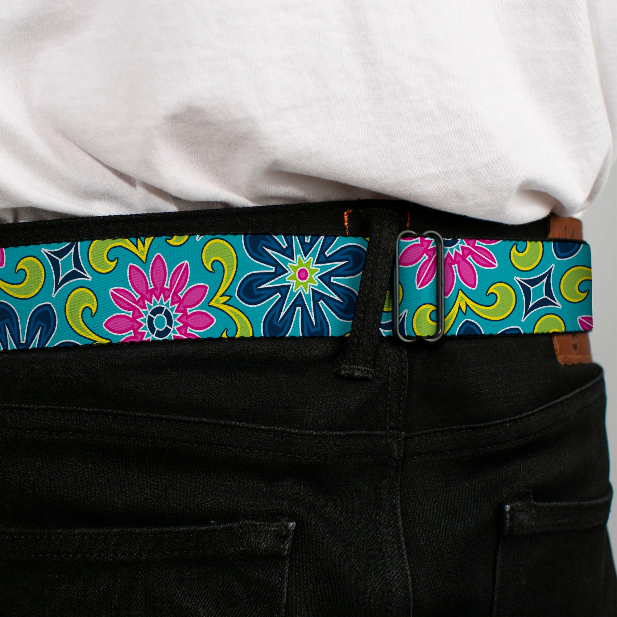 BD Wings Logo CLOSE-UP Full Color Black Silver Seatbelt Belt - Floral Burst Turquoise/Blues/Pinks/Yellow/Green Webbing Seatbelt Belts Buckle-Down