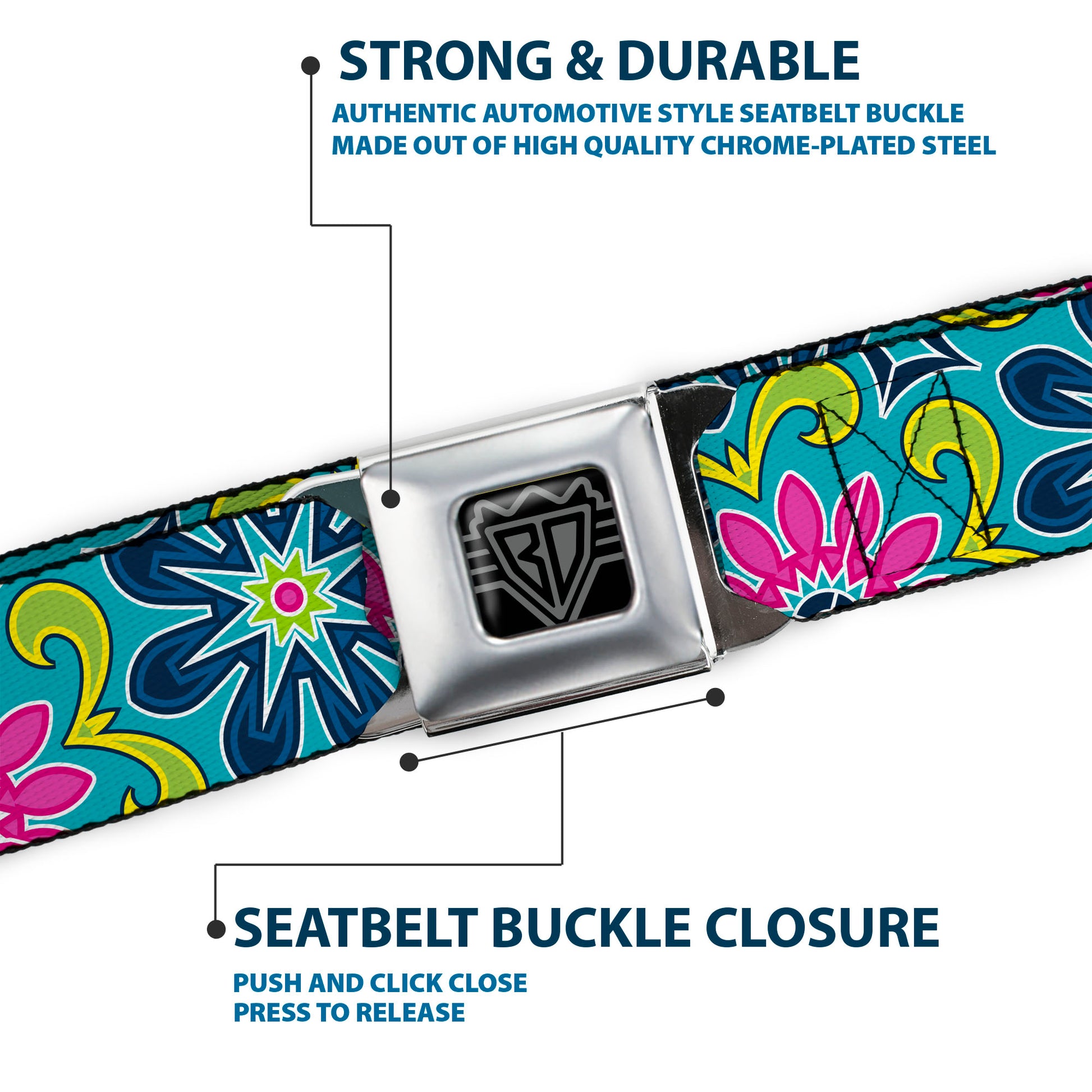 BD Wings Logo CLOSE-UP Full Color Black Silver Seatbelt Belt - Floral Burst Turquoise/Blues/Pinks/Yellow/Green Webbing Seatbelt Belts Buckle-Down
