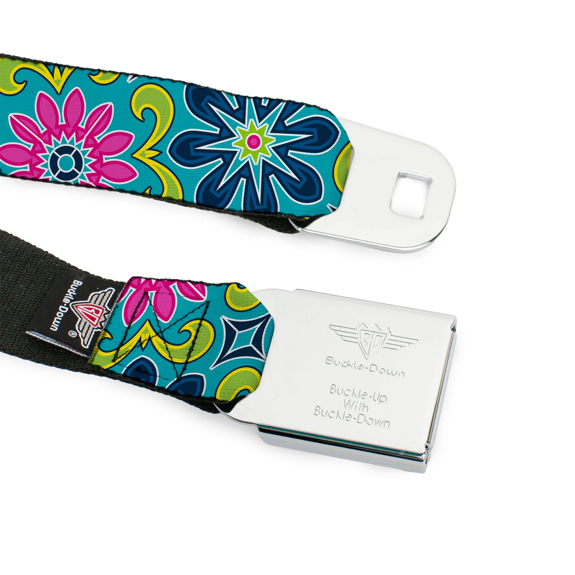 BD Wings Logo CLOSE-UP Full Color Black Silver Seatbelt Belt - Floral Burst Turquoise/Blues/Pinks/Yellow/Green Webbing Seatbelt Belts Buckle-Down