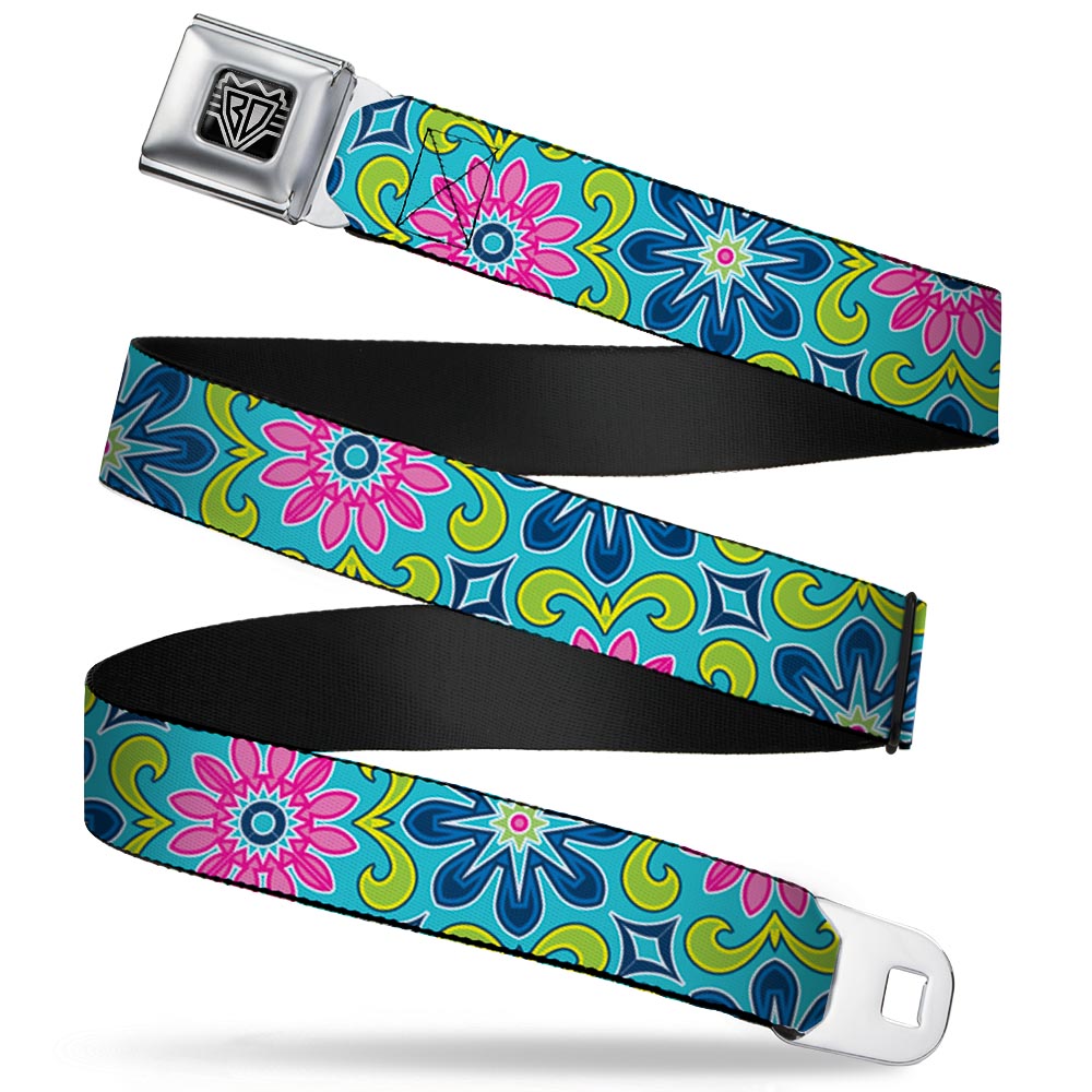 BD Wings Logo CLOSE-UP Full Color Black Silver Seatbelt Belt - Floral Burst Turquoise/Blues/Pinks/Yellow/Green Webbing Seatbelt Belts Buckle-Down