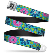 BD Wings Logo CLOSE-UP Full Color Black Silver Seatbelt Belt - Floral Burst Turquoise/Blues/Pinks/Yellow/Green Webbing Seatbelt Belts Buckle-Down