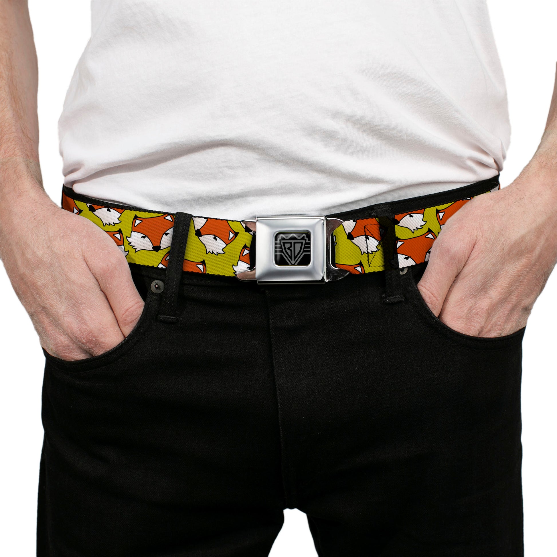 BD Wings Logo CLOSE-UP Full Color Black Silver Seatbelt Belt - Fox Face Scattered Warm Olive2 Webbing Seatbelt Belts Buckle-Down
