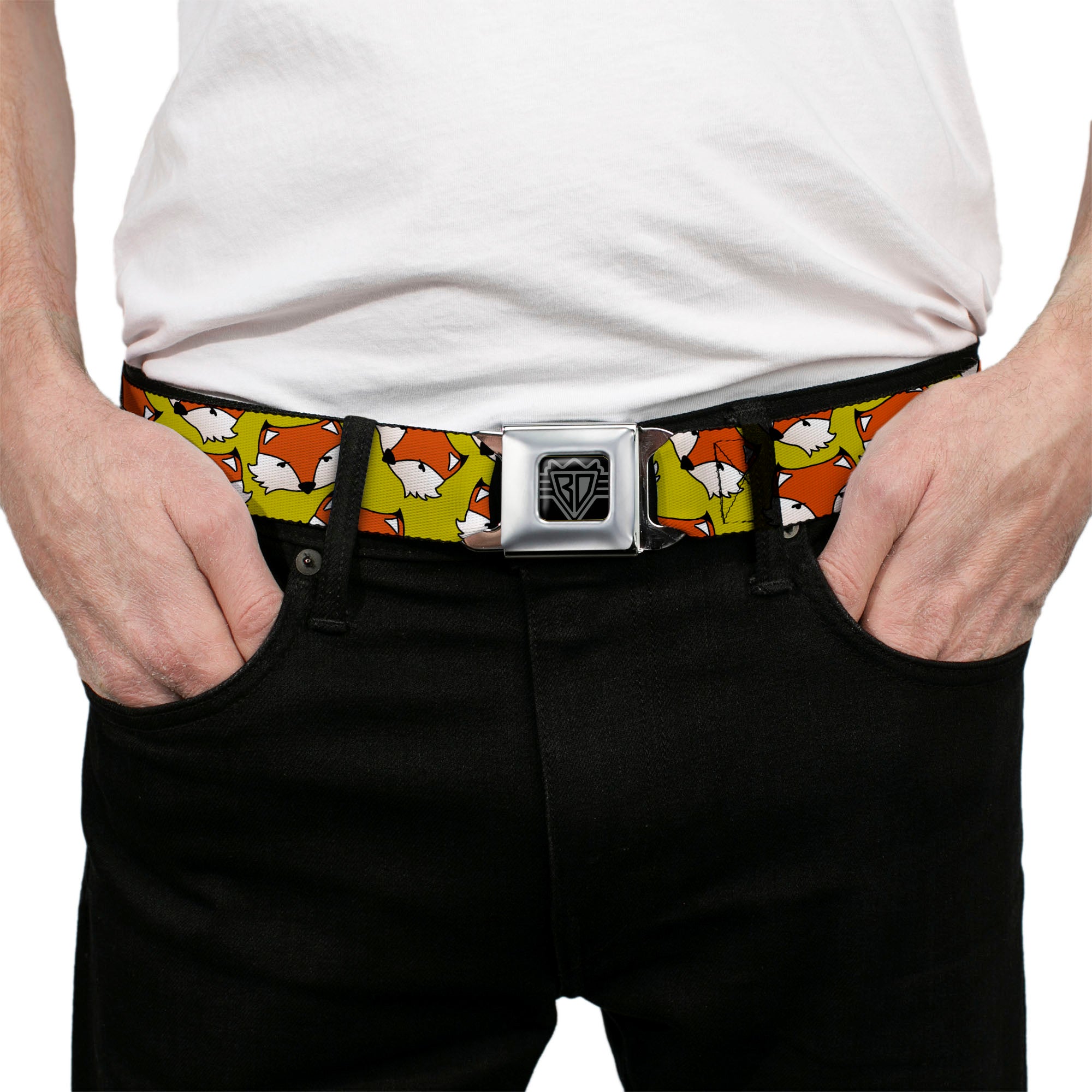 BD Wings Logo CLOSE-UP Full Color Black Silver Seatbelt Belt - Fox Face Scattered Warm Olive2 Webbing Seatbelt Belts Buckle-Down