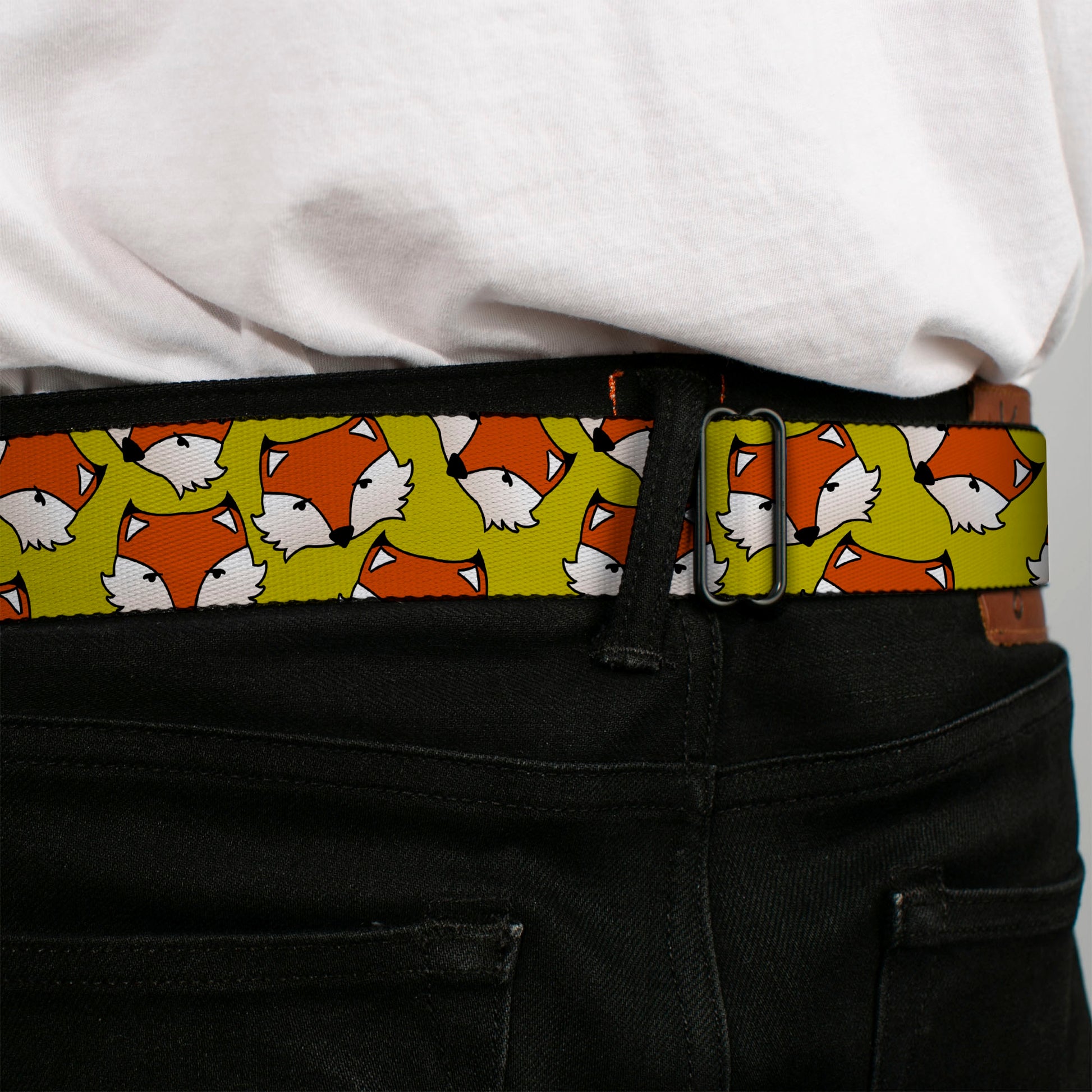 BD Wings Logo CLOSE-UP Full Color Black Silver Seatbelt Belt - Fox Face Scattered Warm Olive2 Webbing Seatbelt Belts Buckle-Down