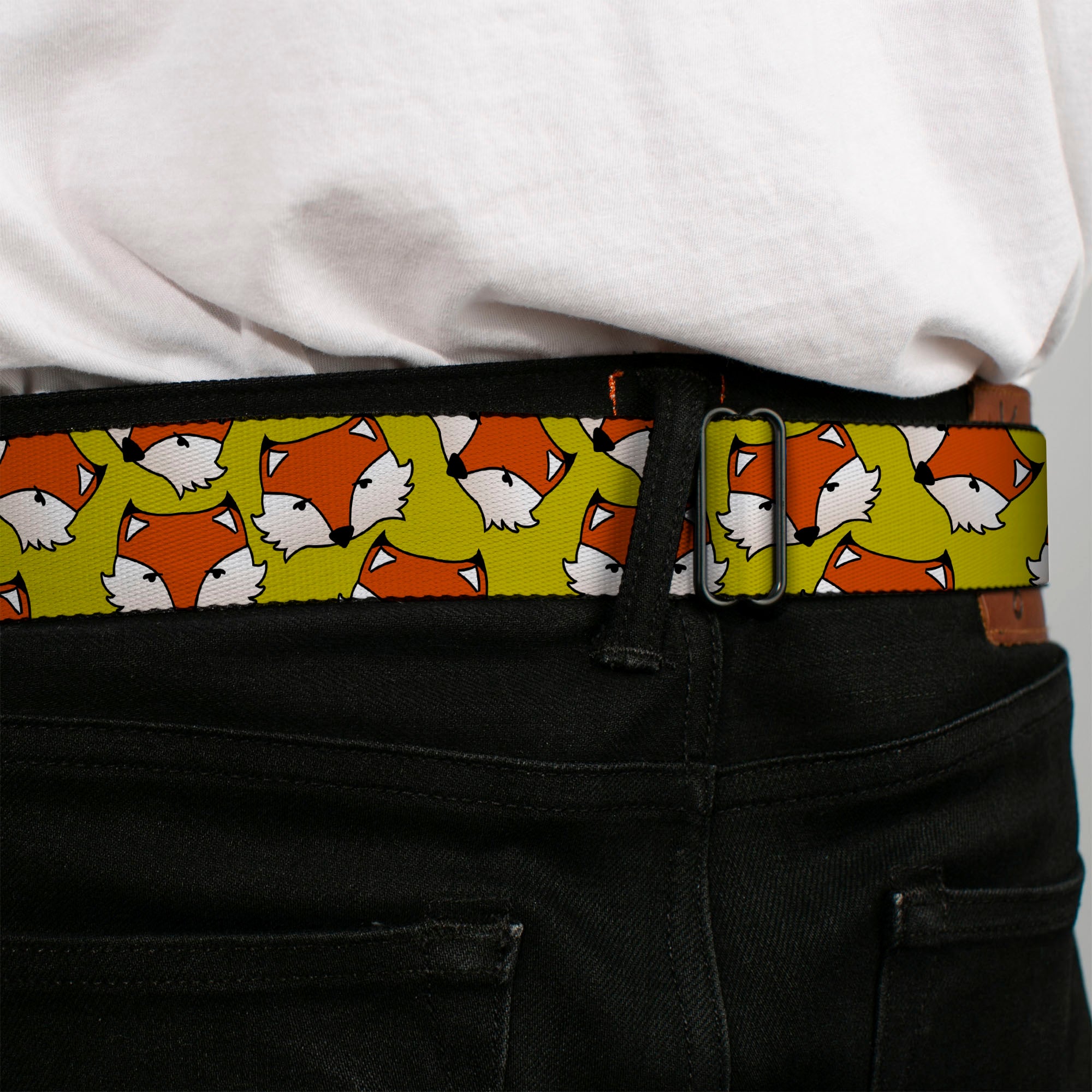 BD Wings Logo CLOSE-UP Full Color Black Silver Seatbelt Belt - Fox Face Scattered Warm Olive2 Webbing Seatbelt Belts Buckle-Down