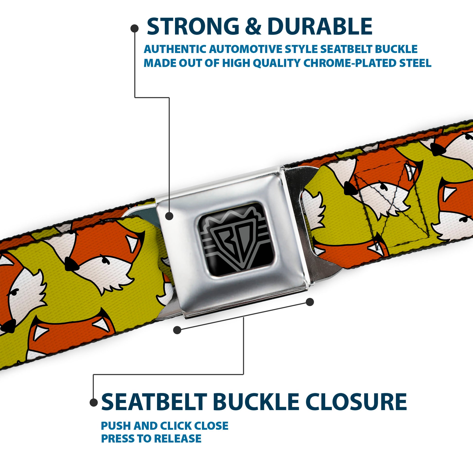 BD Wings Logo CLOSE-UP Full Color Black Silver Seatbelt Belt - Fox Face Scattered Warm Olive2 Webbing Seatbelt Belts Buckle-Down