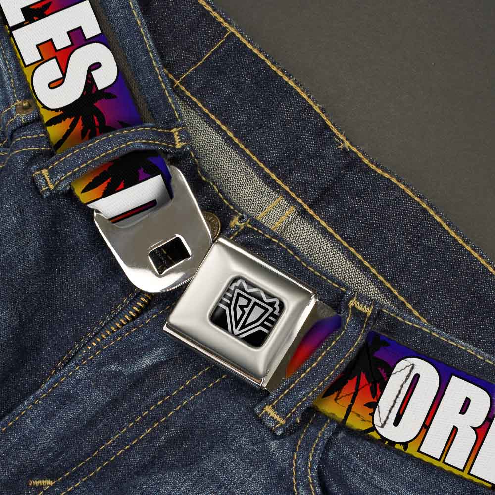 BD Wings Logo CLOSE-UP Full Color Black Silver Seatbelt Belt - Florida Cities Palm Tree Sunset/White Webbing Seatbelt Belts Buckle-Down