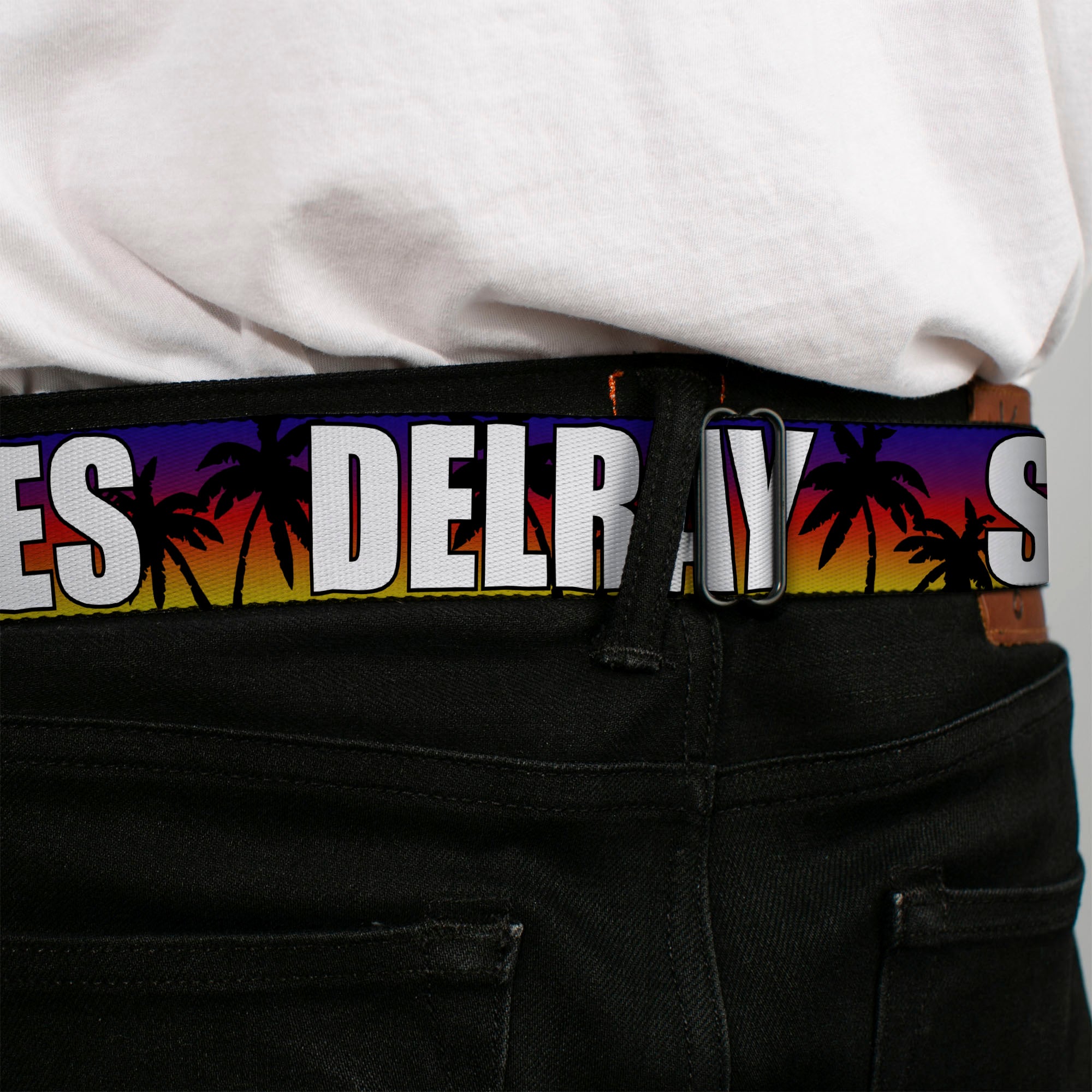 BD Wings Logo CLOSE-UP Full Color Black Silver Seatbelt Belt - Florida Cities Palm Tree Sunset/White Webbing Seatbelt Belts Buckle-Down
