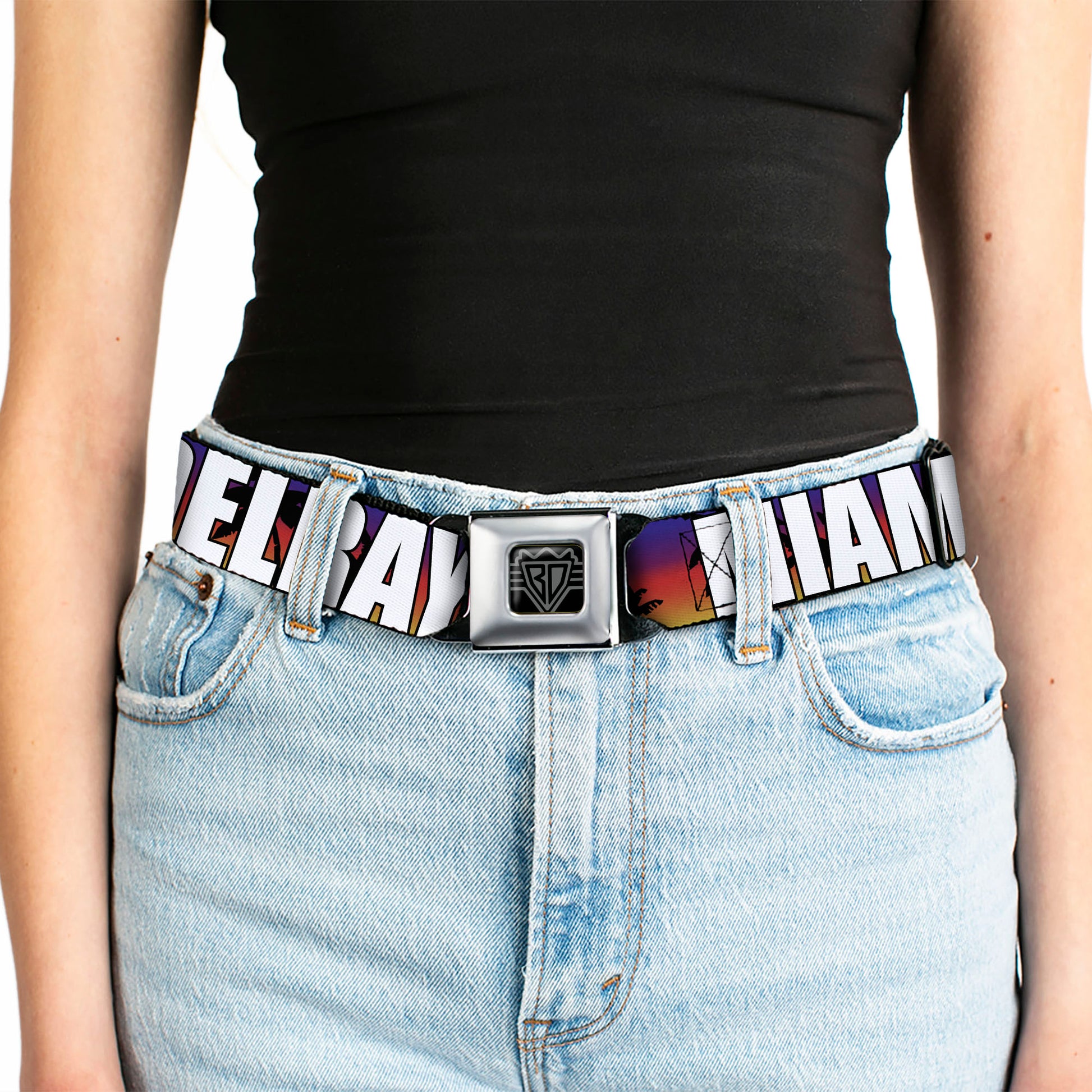 BD Wings Logo CLOSE-UP Full Color Black Silver Seatbelt Belt - Florida Cities Palm Tree Sunset/White Webbing Seatbelt Belts Buckle-Down
