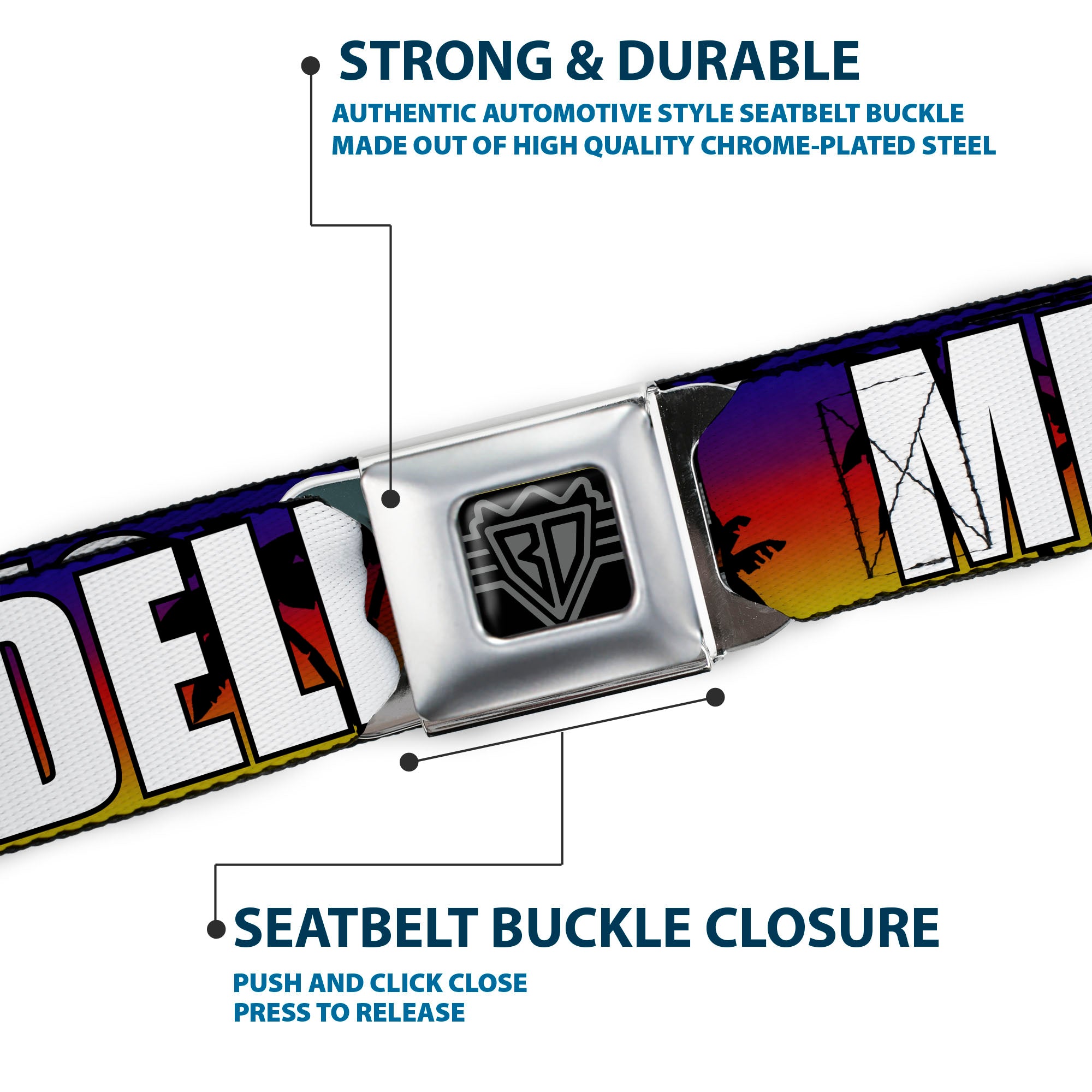 BD Wings Logo CLOSE-UP Full Color Black Silver Seatbelt Belt - Florida Cities Palm Tree Sunset/White Webbing Seatbelt Belts Buckle-Down