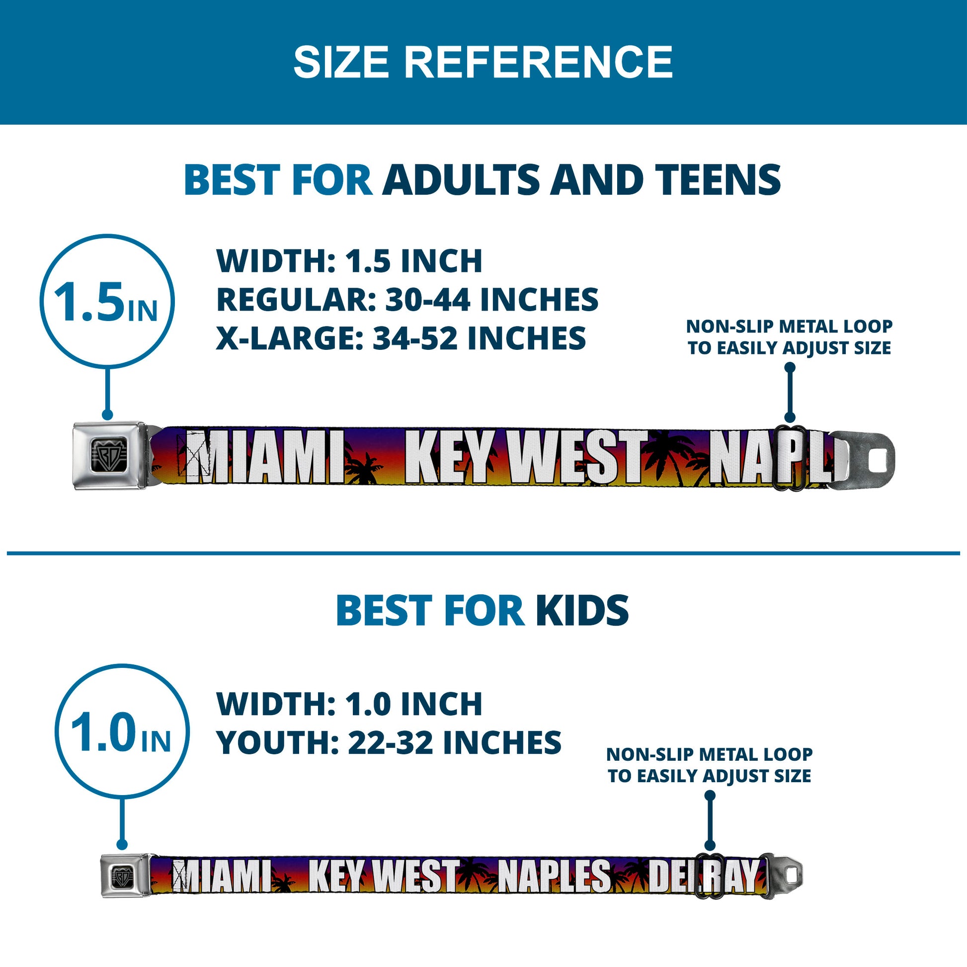 BD Wings Logo CLOSE-UP Full Color Black Silver Seatbelt Belt - Florida Cities Palm Tree Sunset/White Webbing Seatbelt Belts Buckle-Down