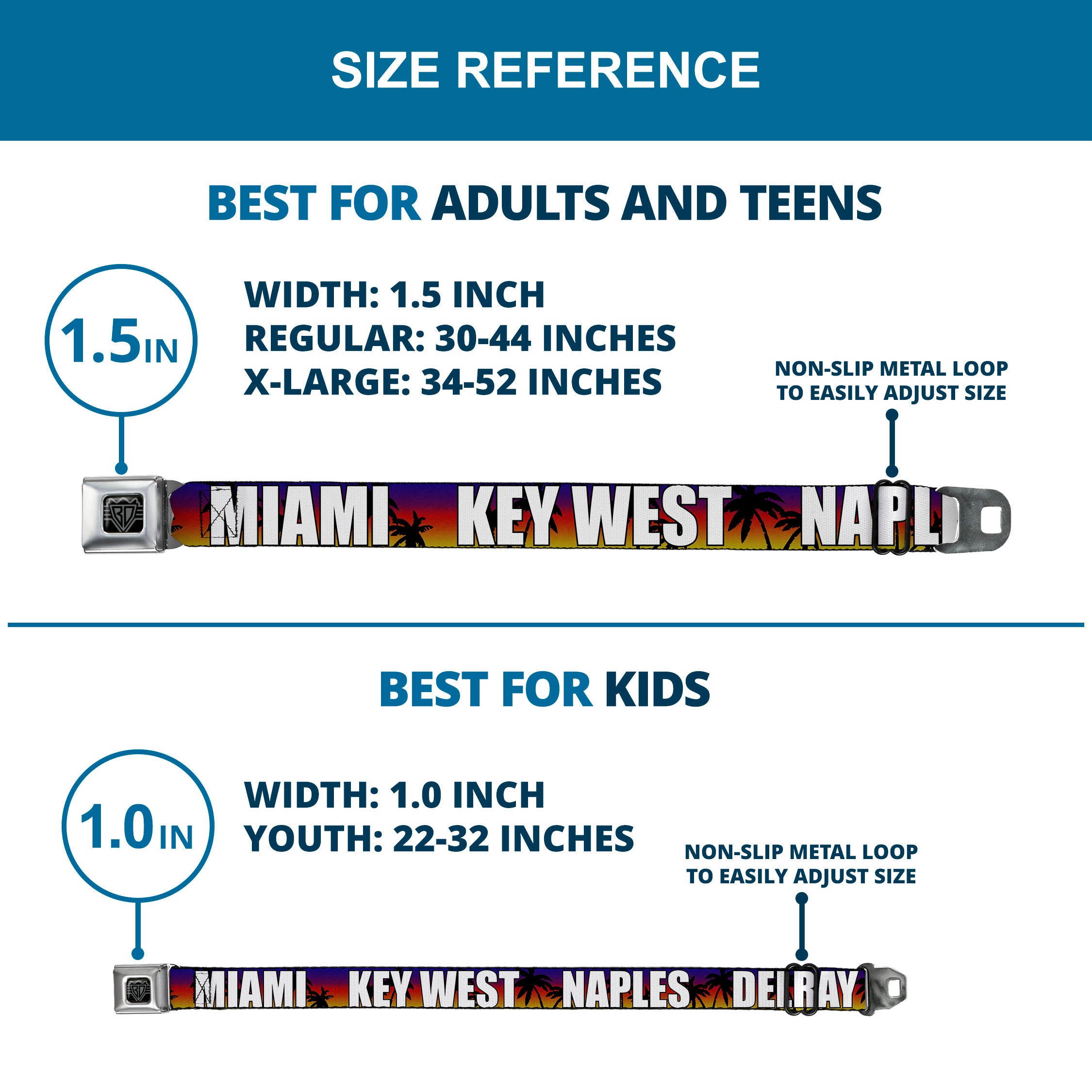 BD Wings Logo CLOSE-UP Full Color Black Silver Seatbelt Belt - Florida Cities Palm Tree Sunset/White Webbing Seatbelt Belts Buckle-Down