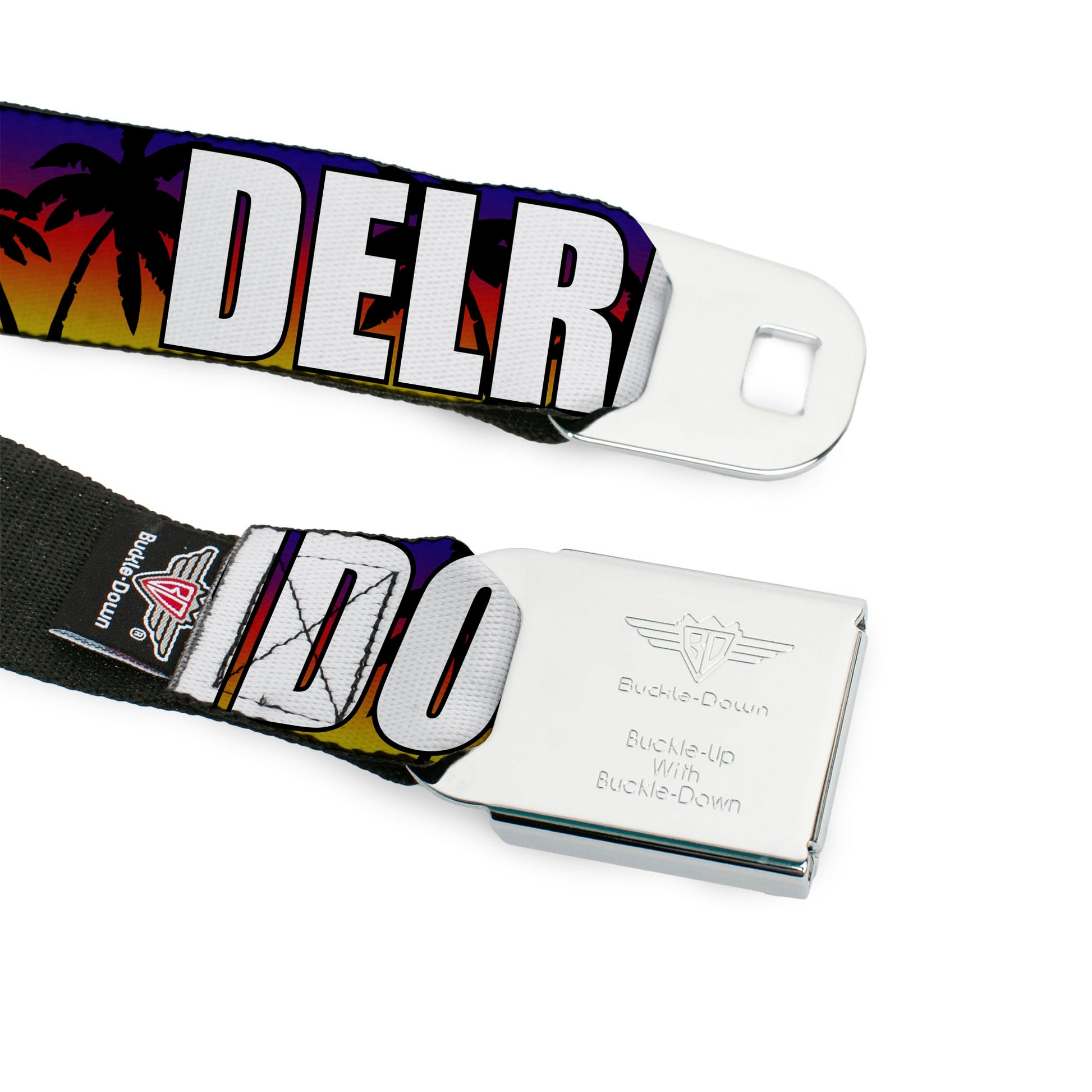 BD Wings Logo CLOSE-UP Full Color Black Silver Seatbelt Belt - Florida Cities Palm Tree Sunset/White Webbing Seatbelt Belts Buckle-Down