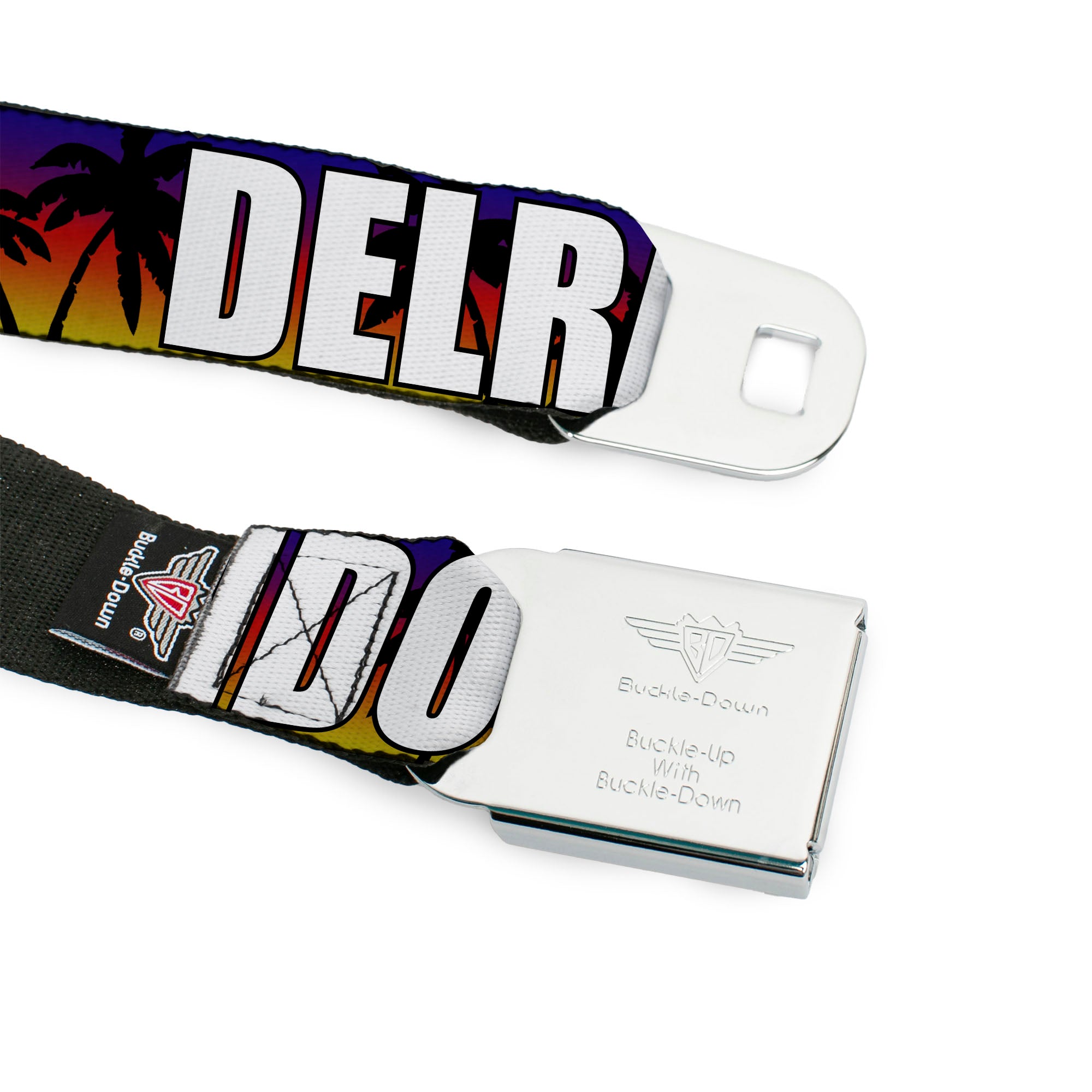 BD Wings Logo CLOSE-UP Full Color Black Silver Seatbelt Belt - Florida Cities Palm Tree Sunset/White Webbing Seatbelt Belts Buckle-Down