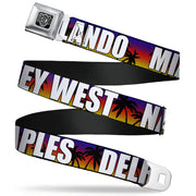 BD Wings Logo CLOSE-UP Full Color Black Silver Seatbelt Belt - Florida Cities Palm Tree Sunset/White Webbing Seatbelt Belts Buckle-Down