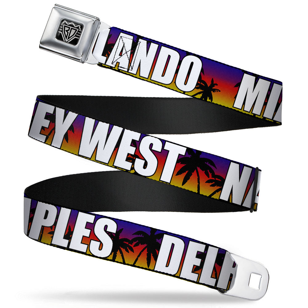 BD Wings Logo CLOSE-UP Full Color Black Silver Seatbelt Belt - Florida Cities Palm Tree Sunset/White Webbing Seatbelt Belts Buckle-Down