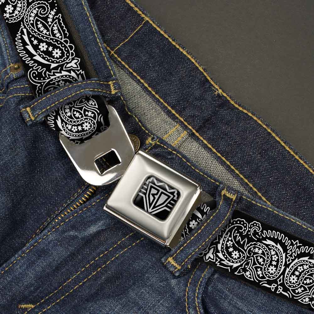 BD Wings Logo CLOSE-UP Full Color Black Silver Seatbelt Belt - Floral Paisley2 Black/White Webbing Seatbelt Belts Buckle-Down