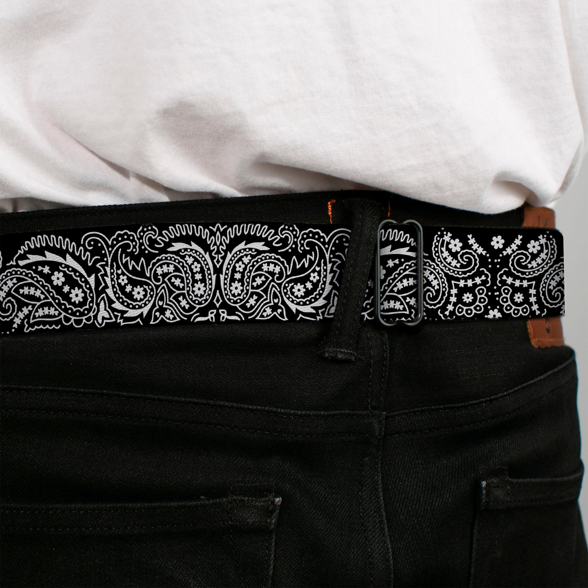 BD Wings Logo CLOSE-UP Full Color Black Silver Seatbelt Belt - Floral Paisley2 Black/White Webbing Seatbelt Belts Buckle-Down