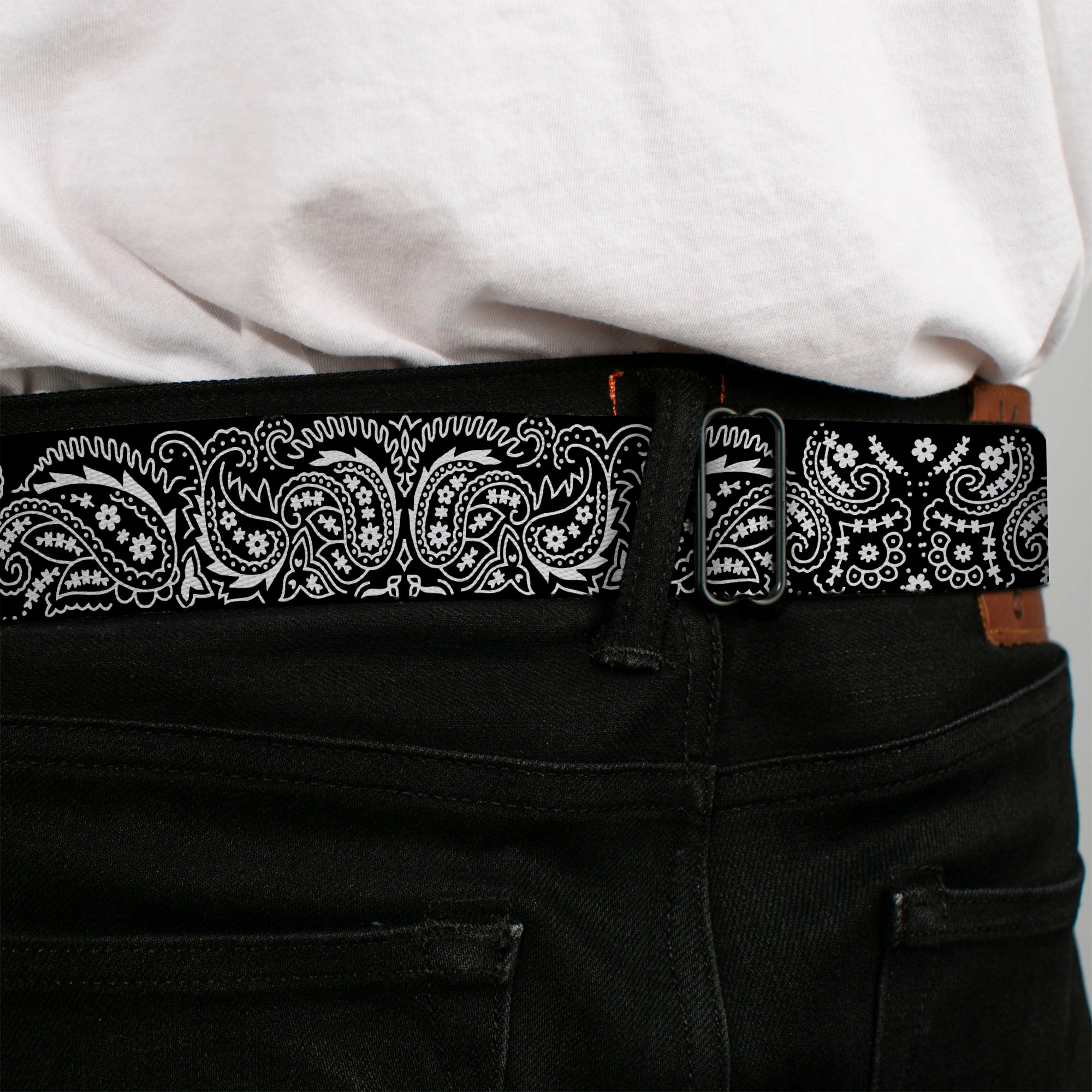 BD Wings Logo CLOSE-UP Full Color Black Silver Seatbelt Belt - Floral Paisley2 Black/White Webbing Seatbelt Belts Buckle-Down