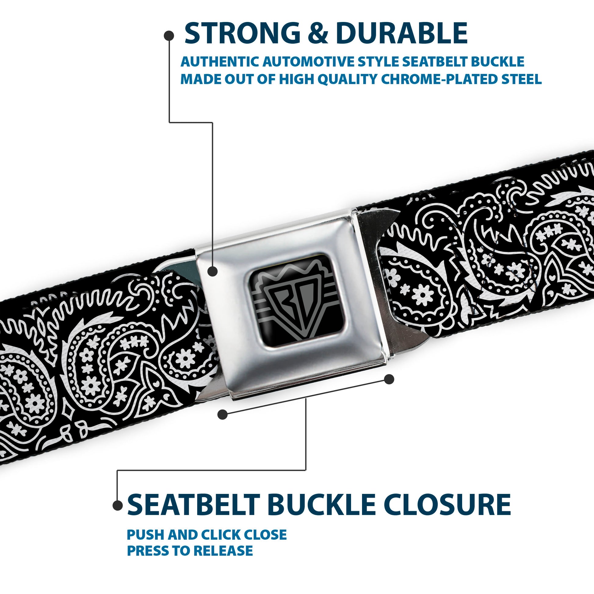 BD Wings Logo CLOSE-UP Full Color Black Silver Seatbelt Belt - Floral Paisley2 Black/White Webbing Seatbelt Belts Buckle-Down