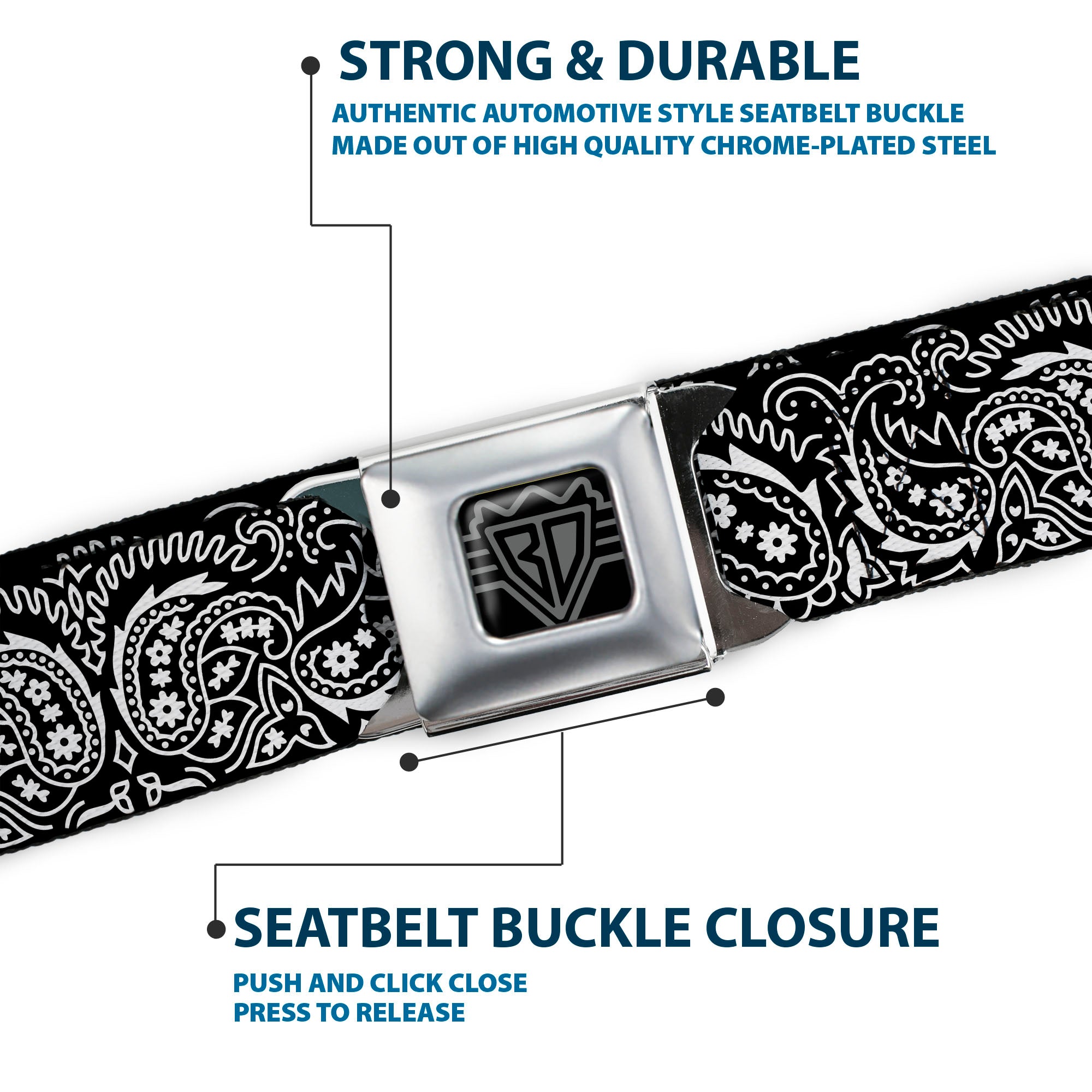 BD Wings Logo CLOSE-UP Full Color Black Silver Seatbelt Belt - Floral Paisley2 Black/White Webbing Seatbelt Belts Buckle-Down