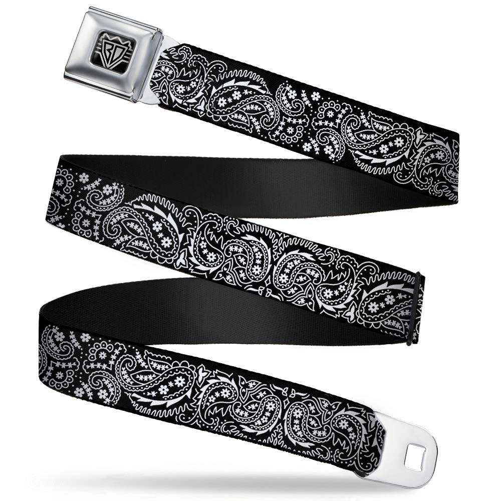 BD Wings Logo CLOSE-UP Full Color Black Silver Seatbelt Belt - Floral Paisley2 Black/White Webbing Seatbelt Belts Buckle-Down