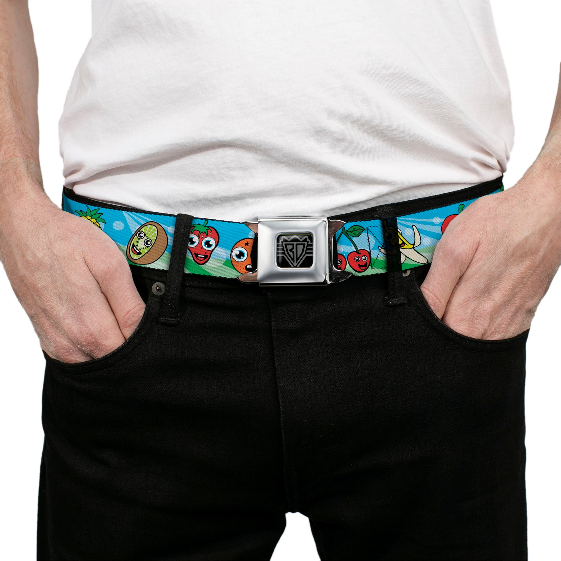 BD Wings Logo CLOSE-UP Full Color Black Silver Seatbelt Belt - Fruit Cartoon2 Webbing Seatbelt Belts Buckle-Down