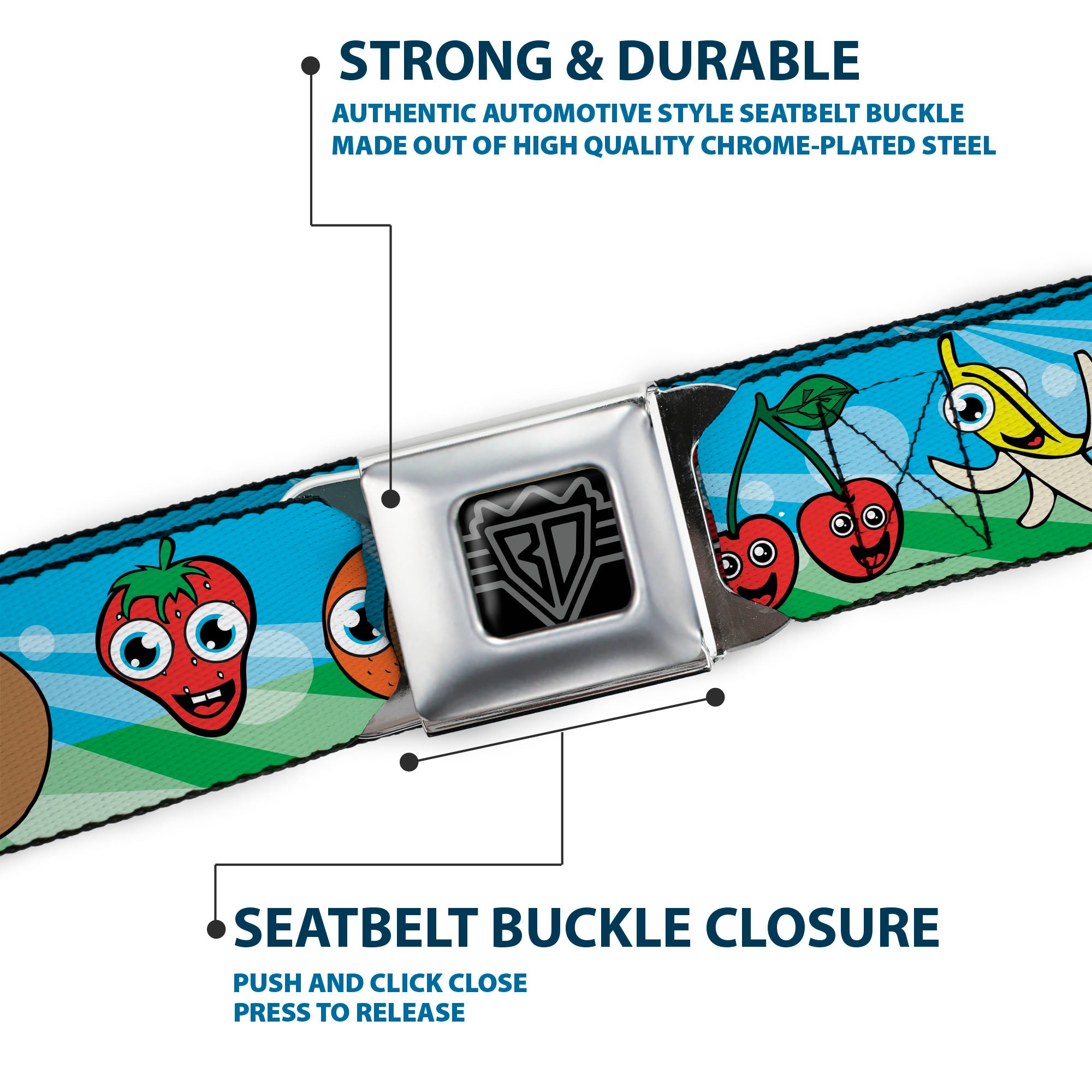 BD Wings Logo CLOSE-UP Full Color Black Silver Seatbelt Belt - Fruit Cartoon2 Webbing Seatbelt Belts Buckle-Down