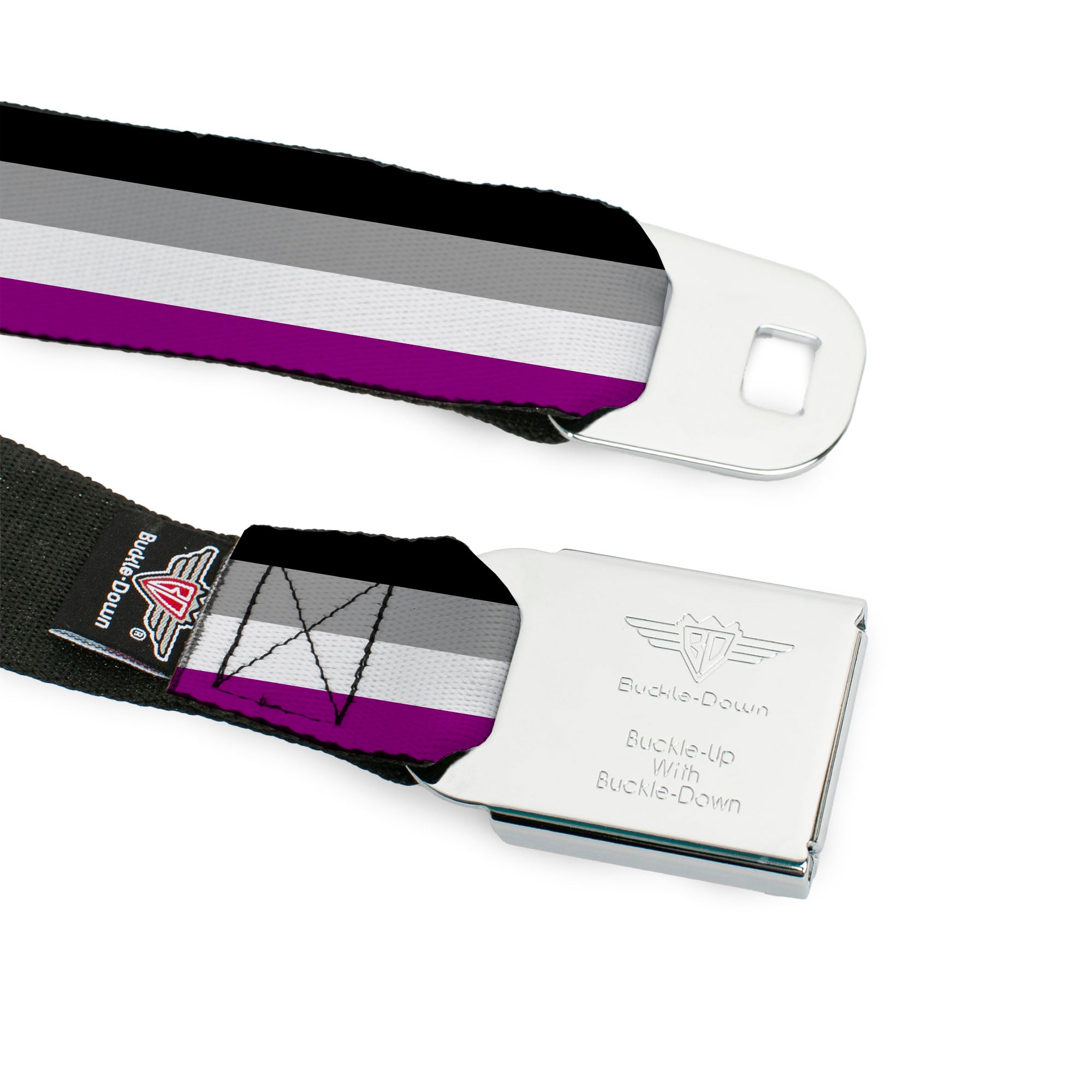 BD Wings Logo CLOSE-UP Full Color Black Silver Seatbelt Belt - Flag Asexual Black/Gray/White/Purple Webbing Seatbelt Belts Buckle-Down