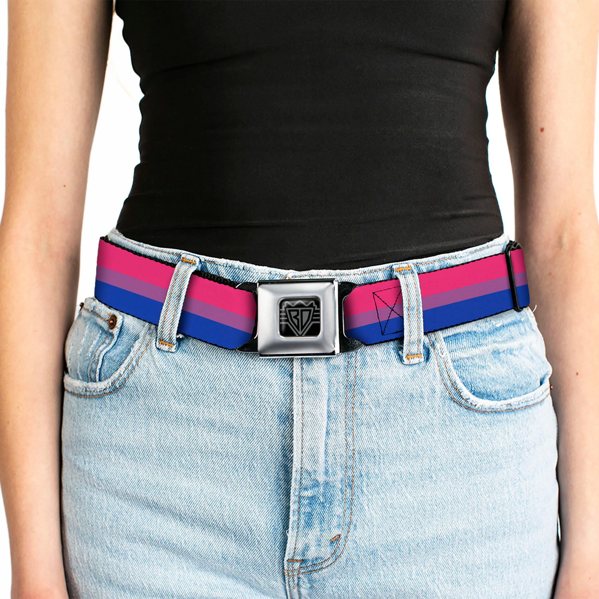 BD Wings Logo CLOSE-UP Full Color Black Silver Seatbelt Belt - Flag Bisexual Pink/Purple/Blue Webbing Seatbelt Belts Buckle-Down