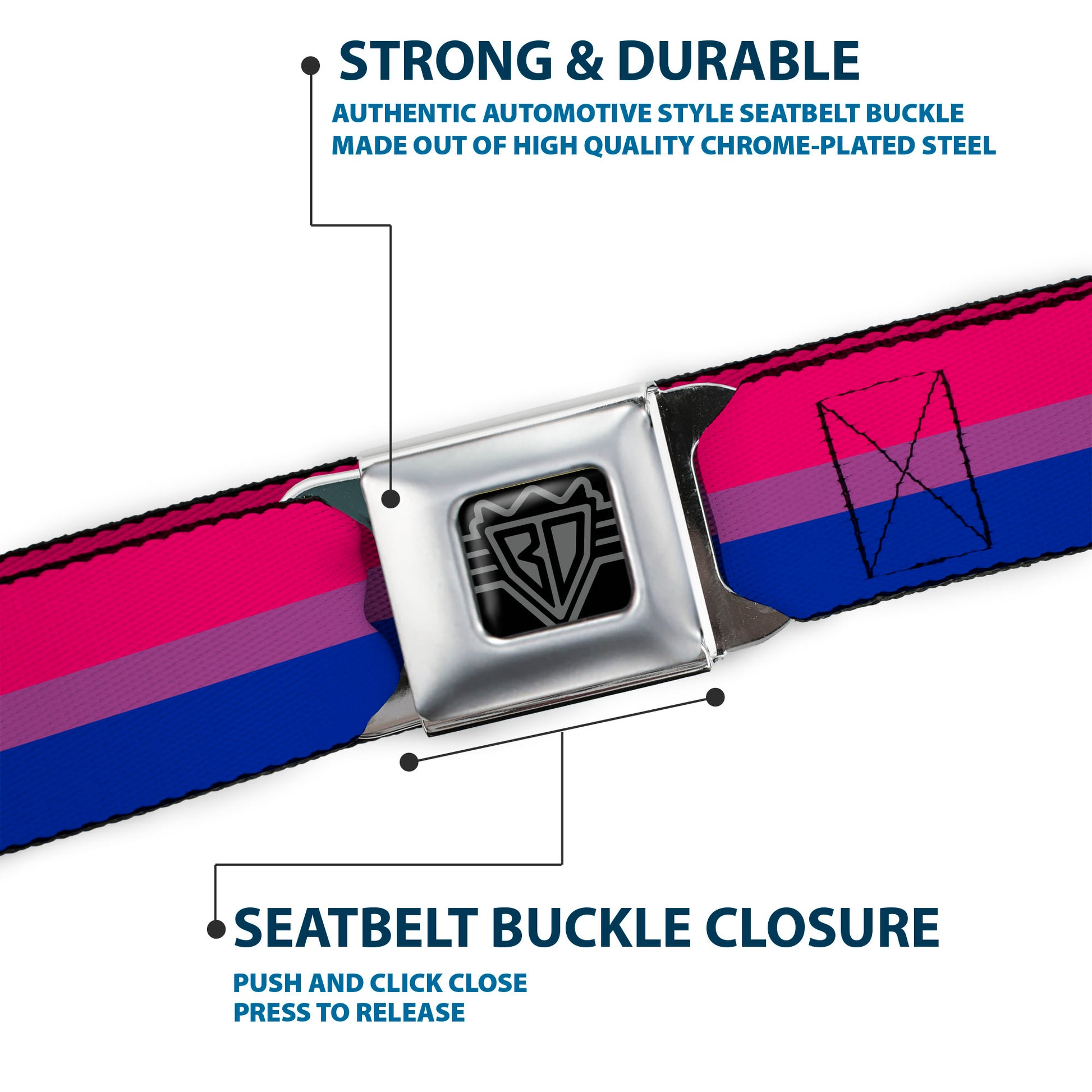 BD Wings Logo CLOSE-UP Full Color Black Silver Seatbelt Belt - Flag Bisexual Pink/Purple/Blue Webbing Seatbelt Belts Buckle-Down