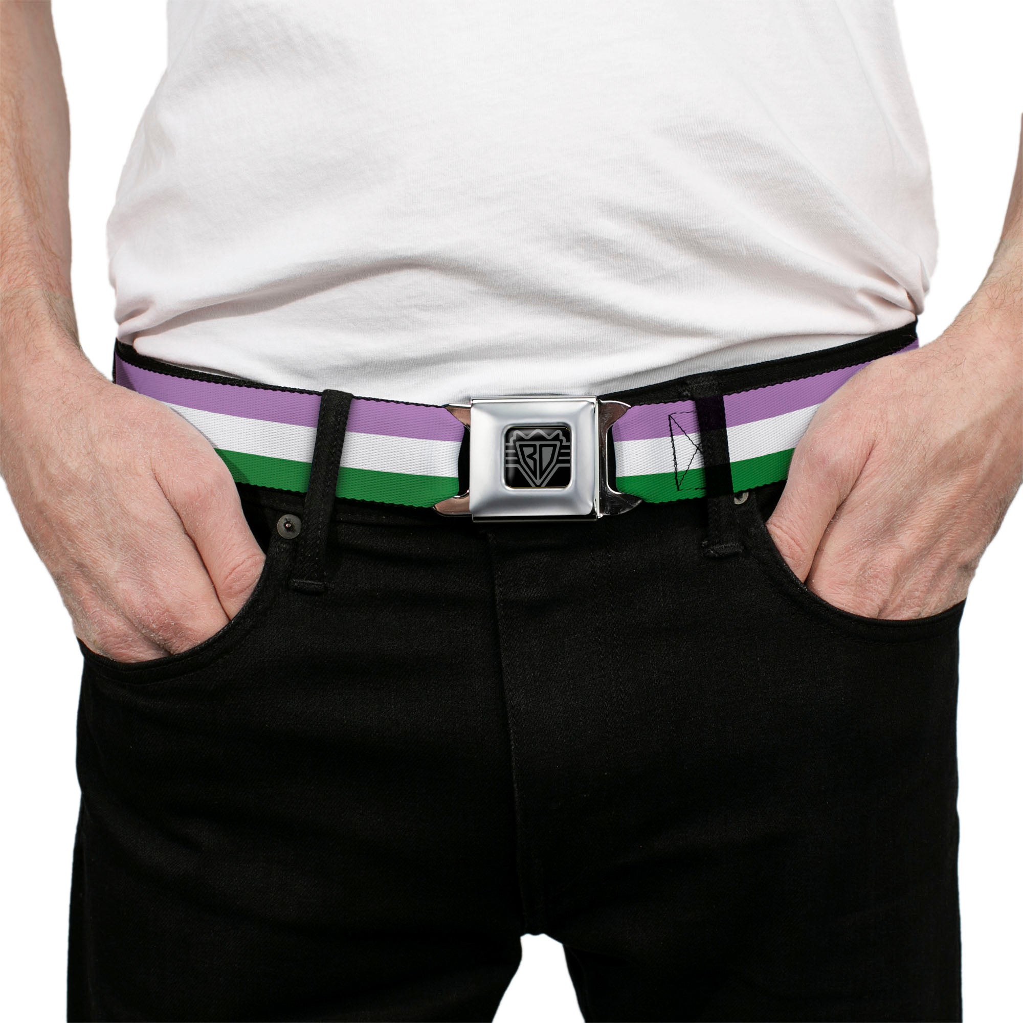 BD Wings Logo CLOSE-UP Full Color Black Silver Seatbelt Belt - Flag Genderqueer Lavender/White/Green Webbing Seatbelt Belts Buckle-Down
