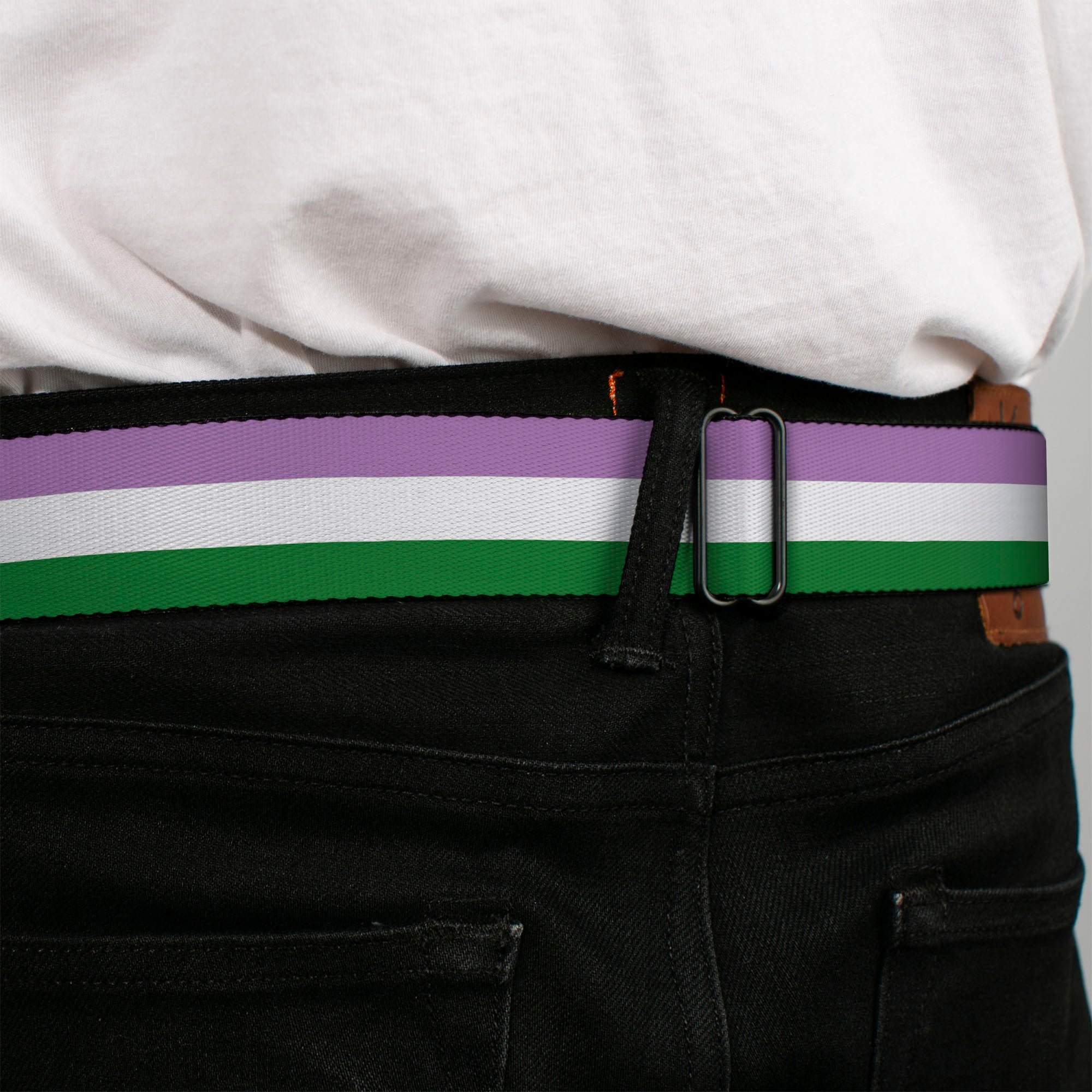BD Wings Logo CLOSE-UP Full Color Black Silver Seatbelt Belt - Flag Genderqueer Lavender/White/Green Webbing Seatbelt Belts Buckle-Down