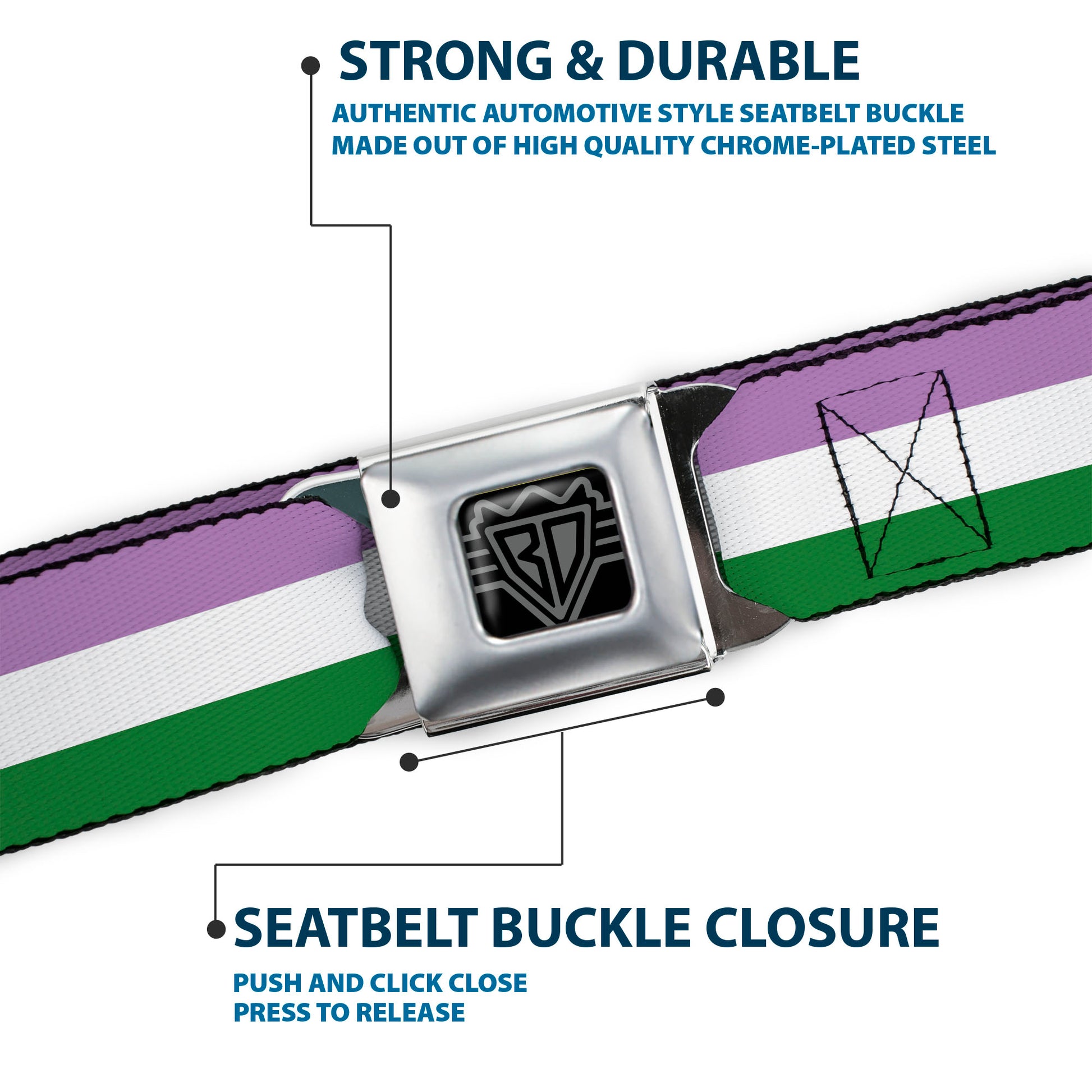 BD Wings Logo CLOSE-UP Full Color Black Silver Seatbelt Belt - Flag Genderqueer Lavender/White/Green Webbing Seatbelt Belts Buckle-Down