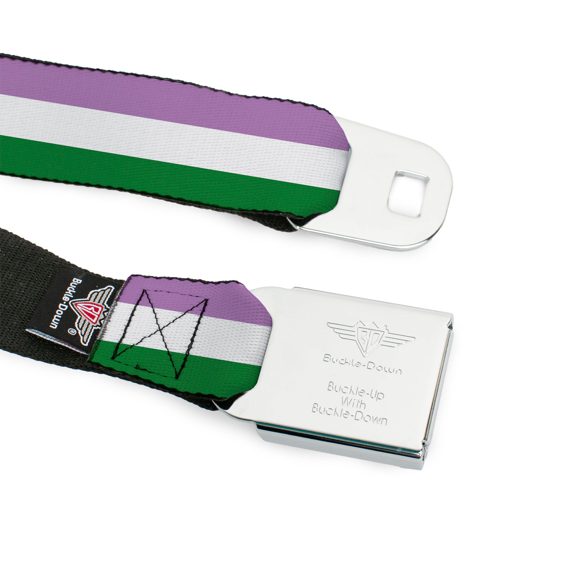 BD Wings Logo CLOSE-UP Full Color Black Silver Seatbelt Belt - Flag Genderqueer Lavender/White/Green Webbing Seatbelt Belts Buckle-Down